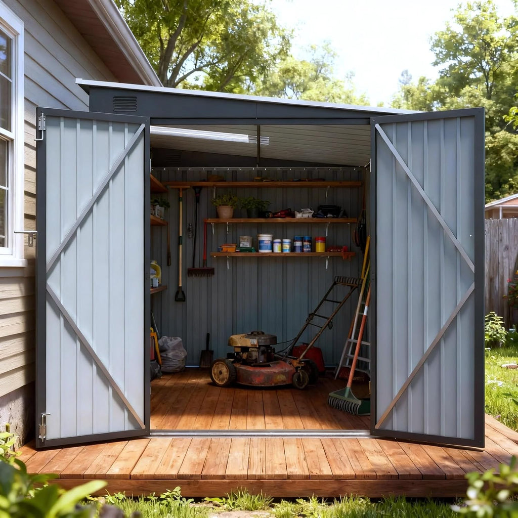6x8 FT Metal Shed with Skylight, Lean to Garden Shed with Lockable Double Doors for Garden Tools, Lawn Mower, Motorcycle, Outside Storage Shed Waterproof for Backyard, Patio