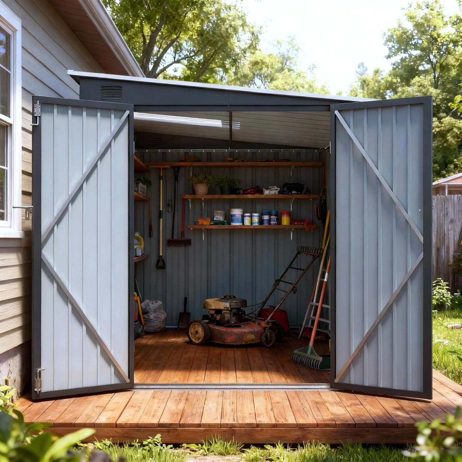 6x8 FT Metal Shed with Skylight, Lean to Garden Shed with Lockable Double Doors for Garden Tools, Lawn Mower, Motorcycle, Outside Storage Shed Waterproof for Backyard, Patio