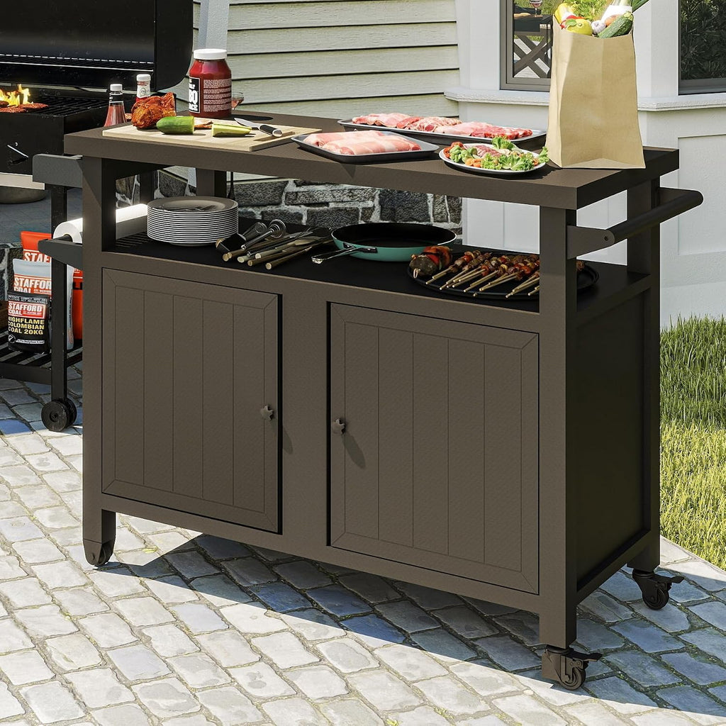 Domi Outdoor Grill Cart with Wheels,XL Outdoor Kitchen Island with Storage,Cooking Prep BBQ Table for Patio, Home Party, Lawn & Garden (Brown)