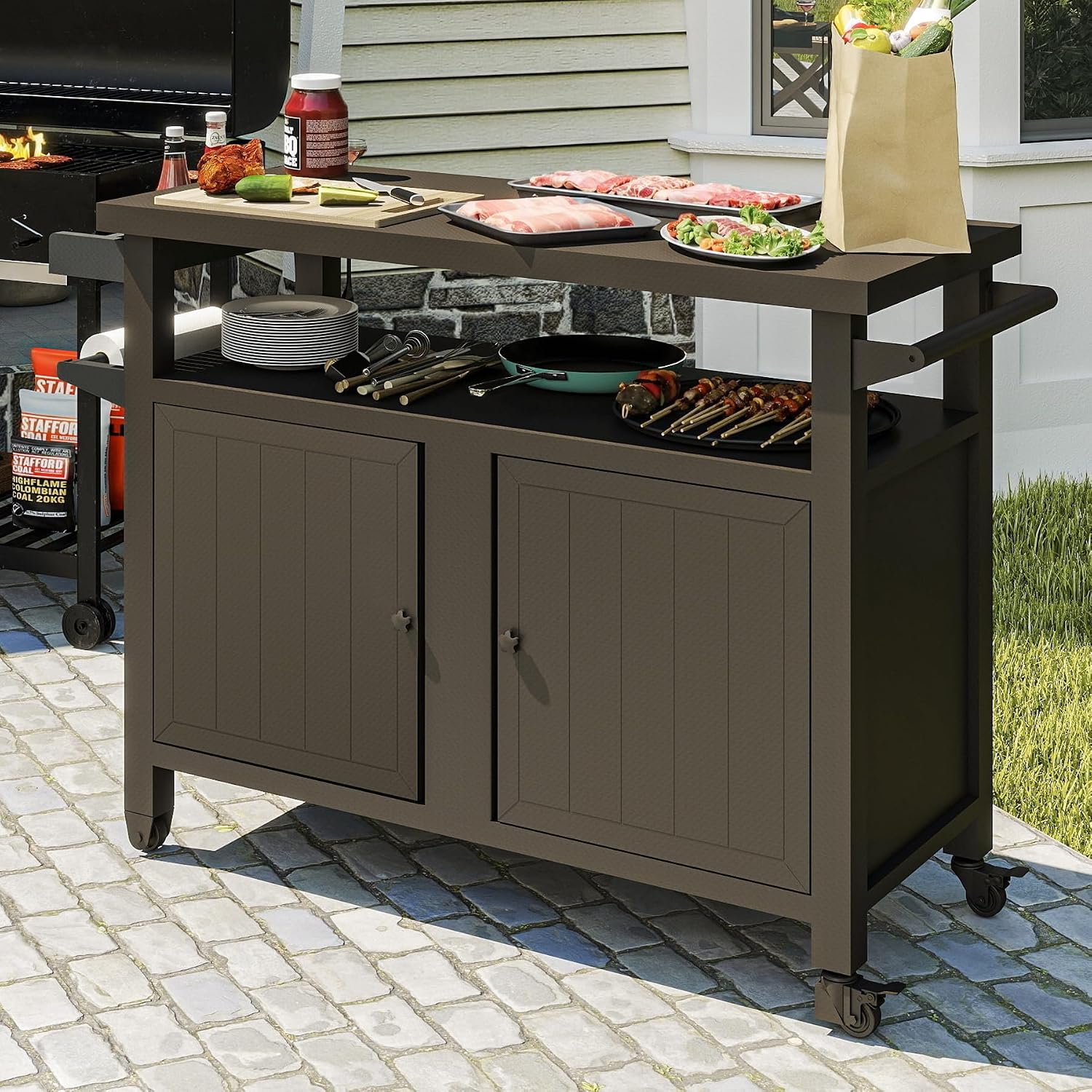 Domi Outdoor Grill Cart with Wheels,XL Outdoor Kitchen Island with Storage,Cooking Prep BBQ Table for Patio, Home Party, Lawn & Garden (Brown)