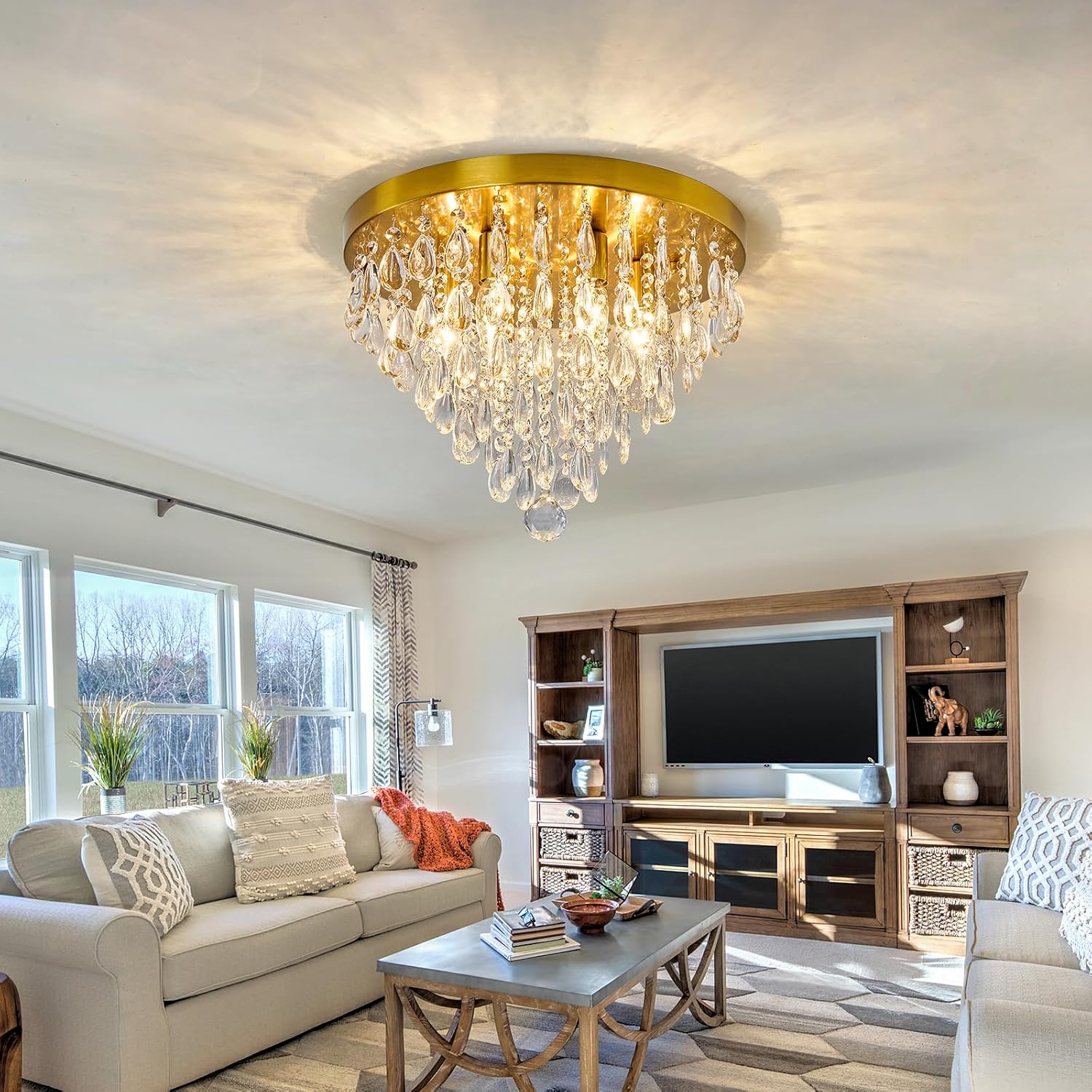 YYJLX Modern Crustal Ceiling Light Fixture Large Flush Mount Ceiling Light 6 Light Ceiling Chandelier for Bedroom Foyer Living Room Dining Room Kitchen.