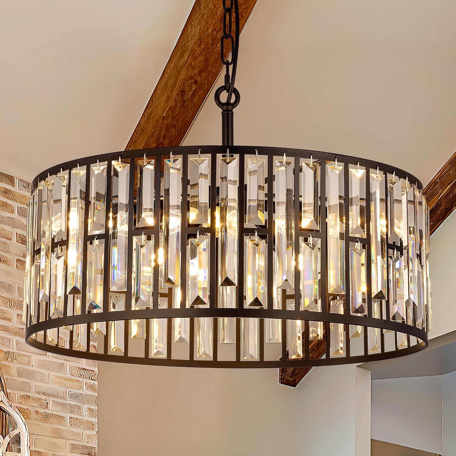 Wellmet Black Crystal Chandeliers, 5 Lights Modern Round Dining Room Ceiling Light Fixture, Farmhouse Drum Chandelier for Living Room, Bedroom, Bathroom, Kitchen, Foyer, Entryway, Hallway, W-20in