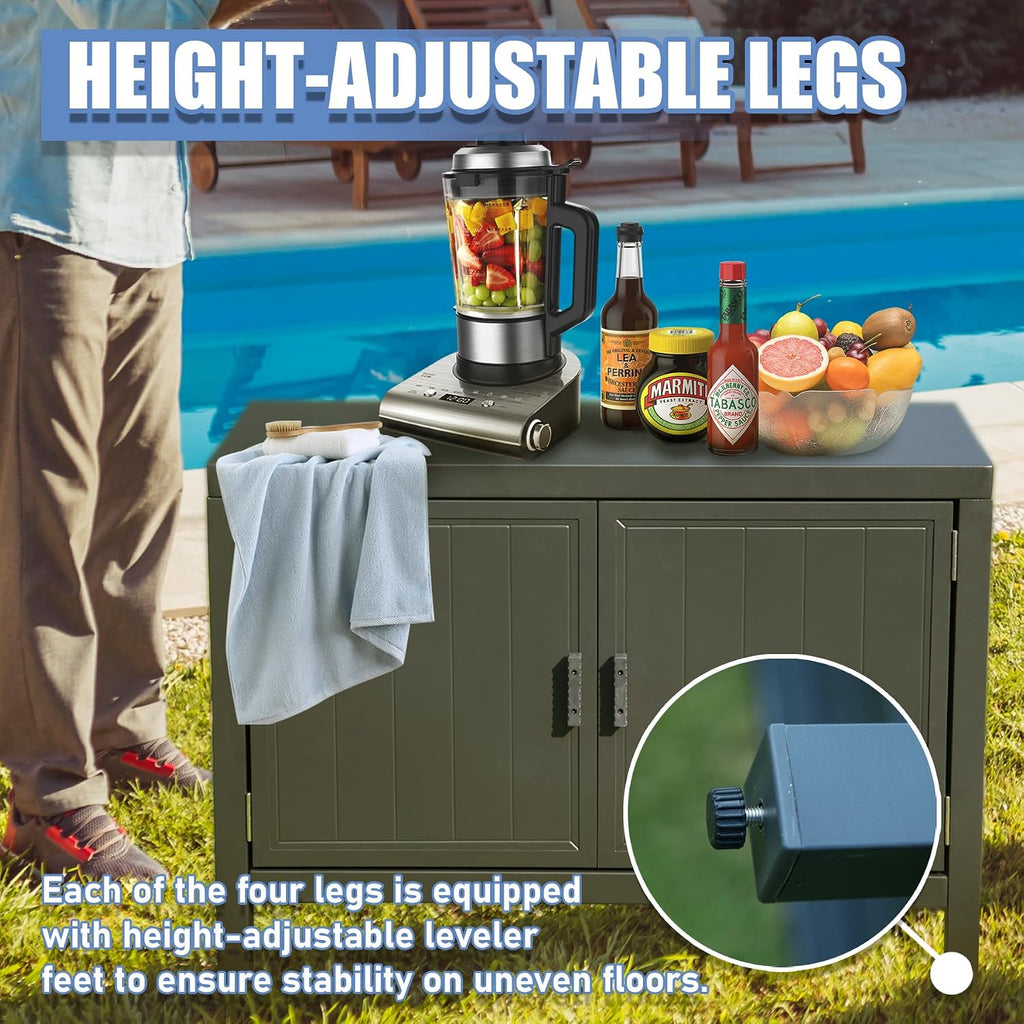 Domi Outdoor Kitchen Island with Storage, Aluminum Kitchen Storage Island Outdoor Grill Table, Freestanding Outdoor Prep Table Grill Storage Cabinet with Protective Cover for BBQ, Deck, Patio