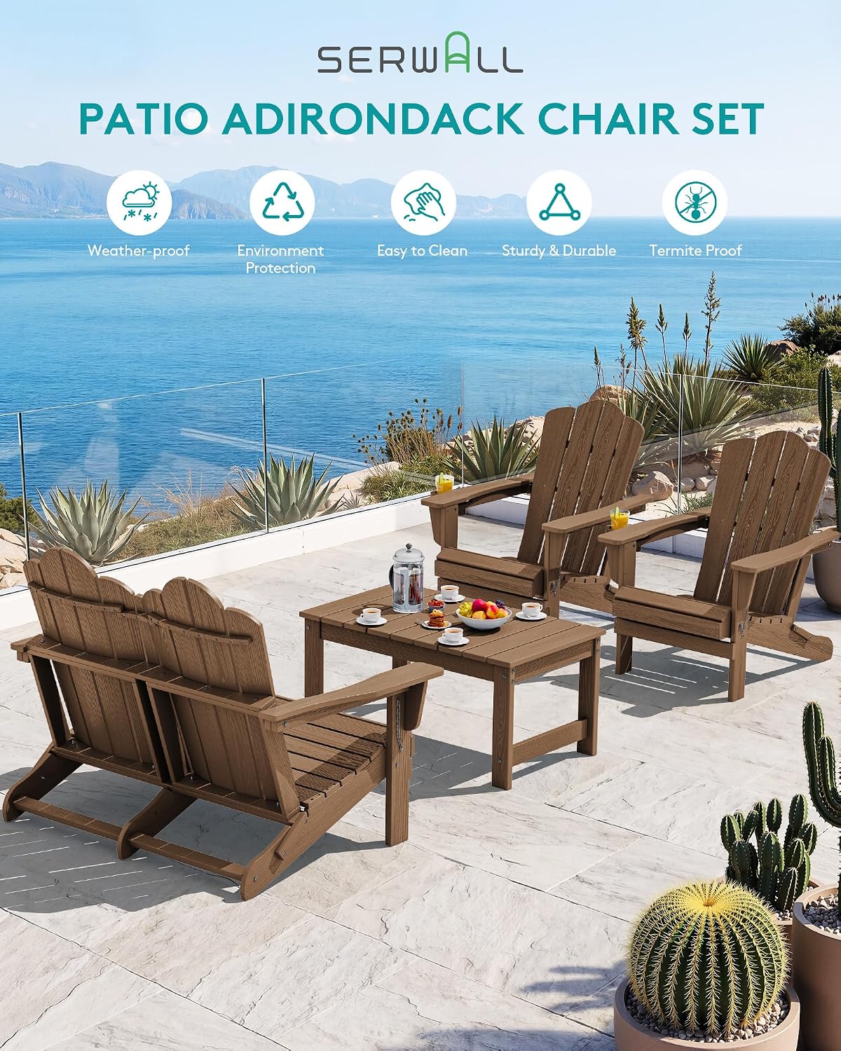SERWALL 4 Pieces HDPE Patio Adirondack Chair Set, 2 Adirondack Chair with Cup Holder & 1 Adirondack Bench & 1 Coffee Table with Umbrella Hole, Brown