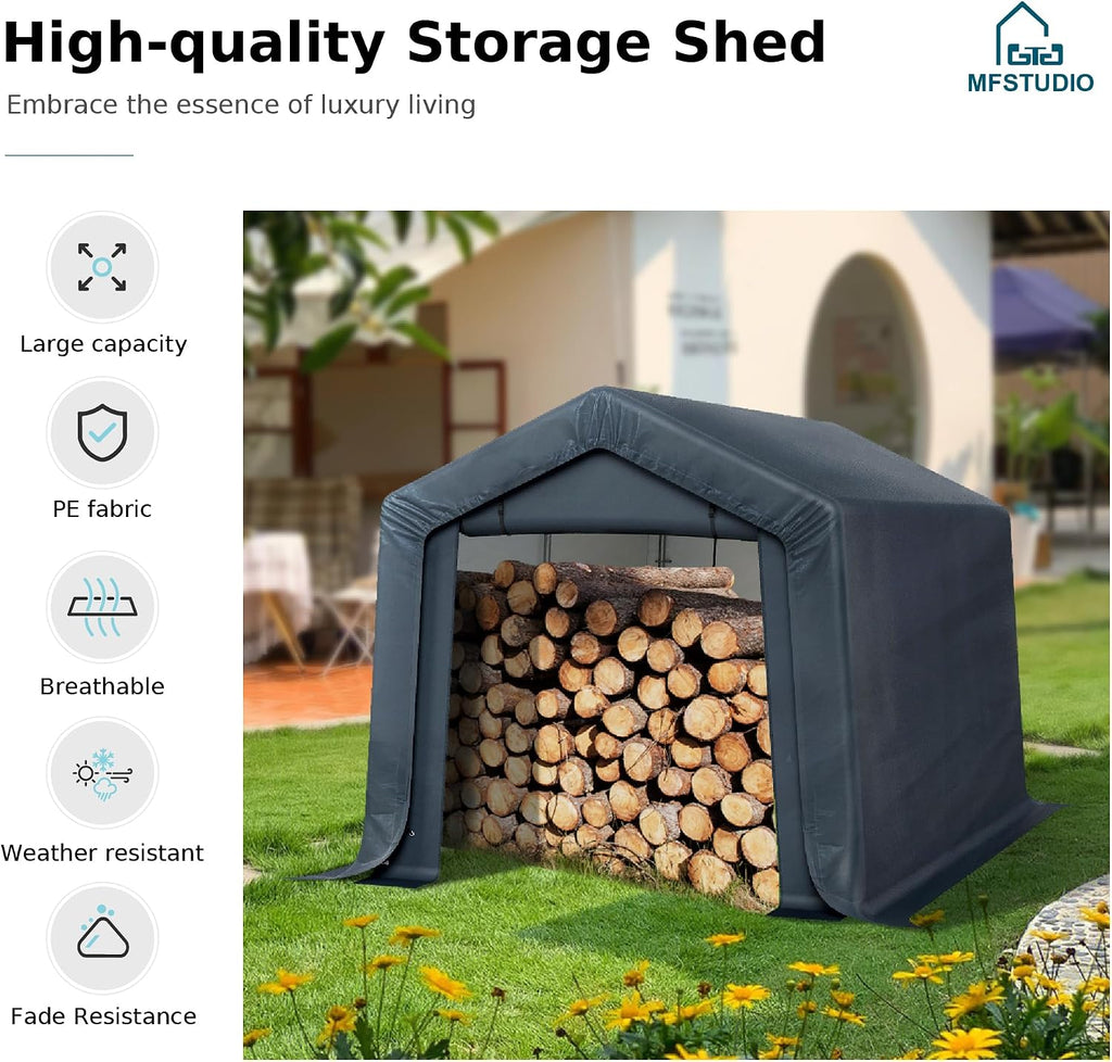 MFSTUDIO Portable Shed Garage, 8x12 Storage Tent Motorcycle Sheds Carport Heavy Duty Canopy with Rolled up Zipper Doors, Outside Utility Shelter Garages Tents for Motorcycles, Bicycles and Tools
