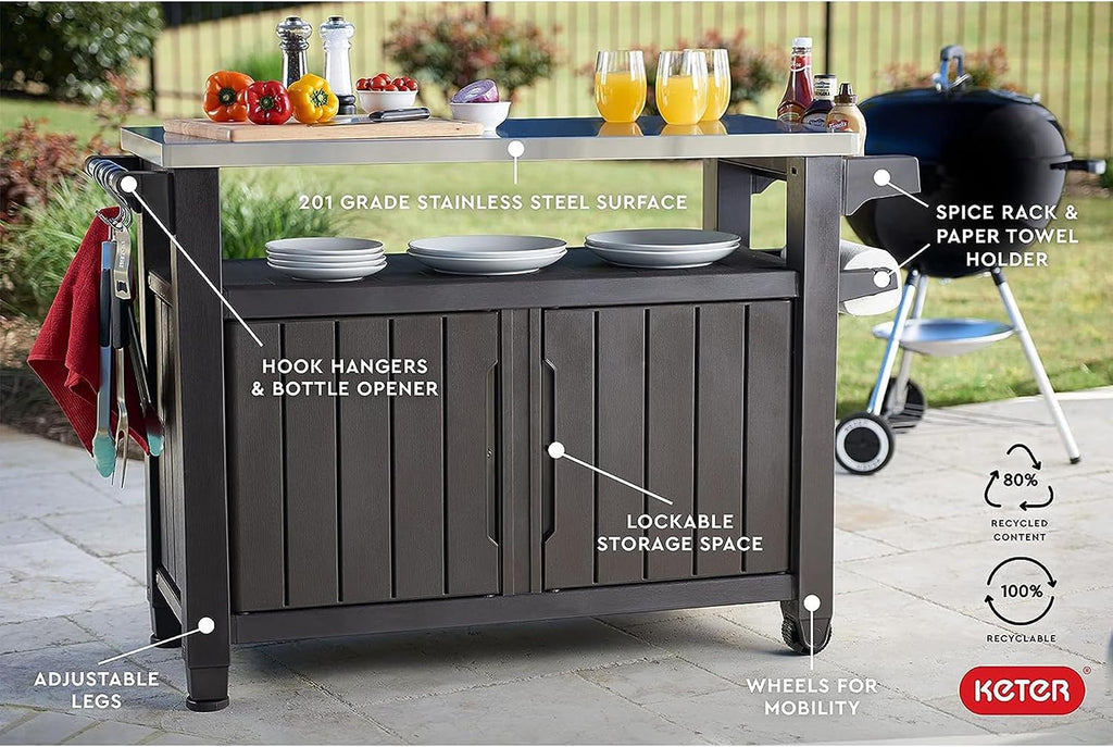 Keter Unity XL Outdoor Kitchen Rolling Bar Cart, Storage Cabinet Bundled with Westwood 150 Gallon Plastic Outdoor Furniture Storage Deck Box, Espresso