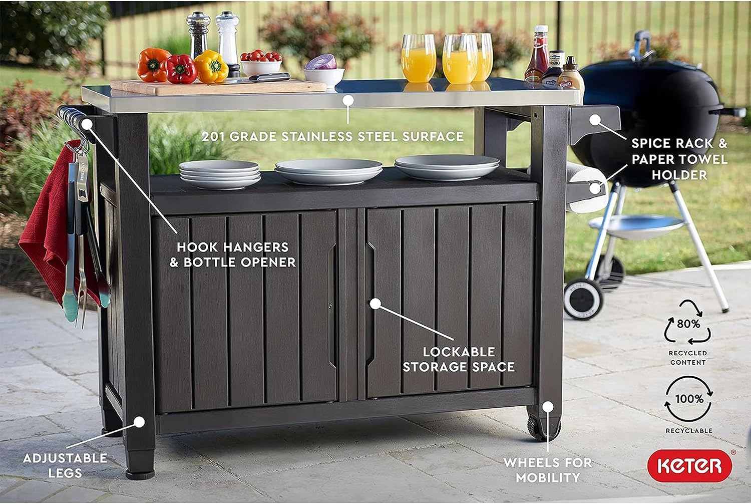 Keter Unity XL Outdoor Kitchen Rolling Bar Cart, Storage Cabinet Bundled with Westwood 150 Gallon Plastic Outdoor Furniture Storage Deck Box, Espresso