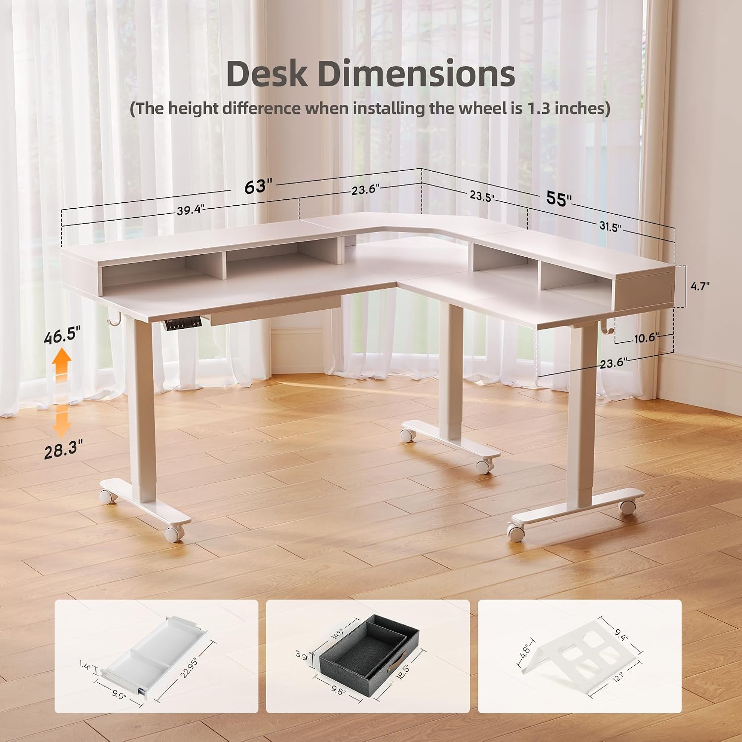 YDN Dual Motor 63' L Shaped Standing Desk with Drawers, Electric Height Adjustable Standing Desk with Monitor Stand & Splice Board, Black