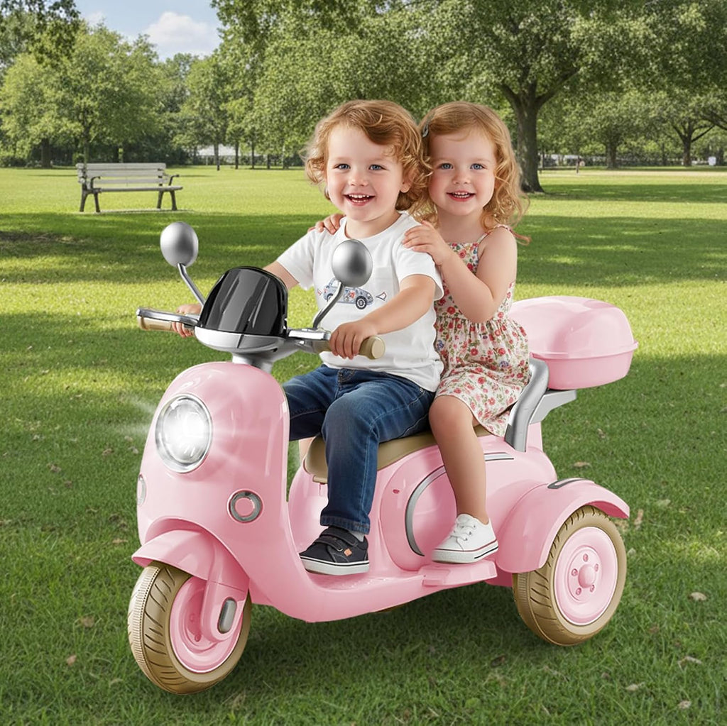 HEIMILI 12V 2-Seater Ride on Motorcycle for Kids, 3 Wheel Electric Motorbike with Dual 25W Motors, Toddler Moped Scooter with Bluetooth Music, Battery Powered Toy for Girls Boys 3-6 Years, Pink