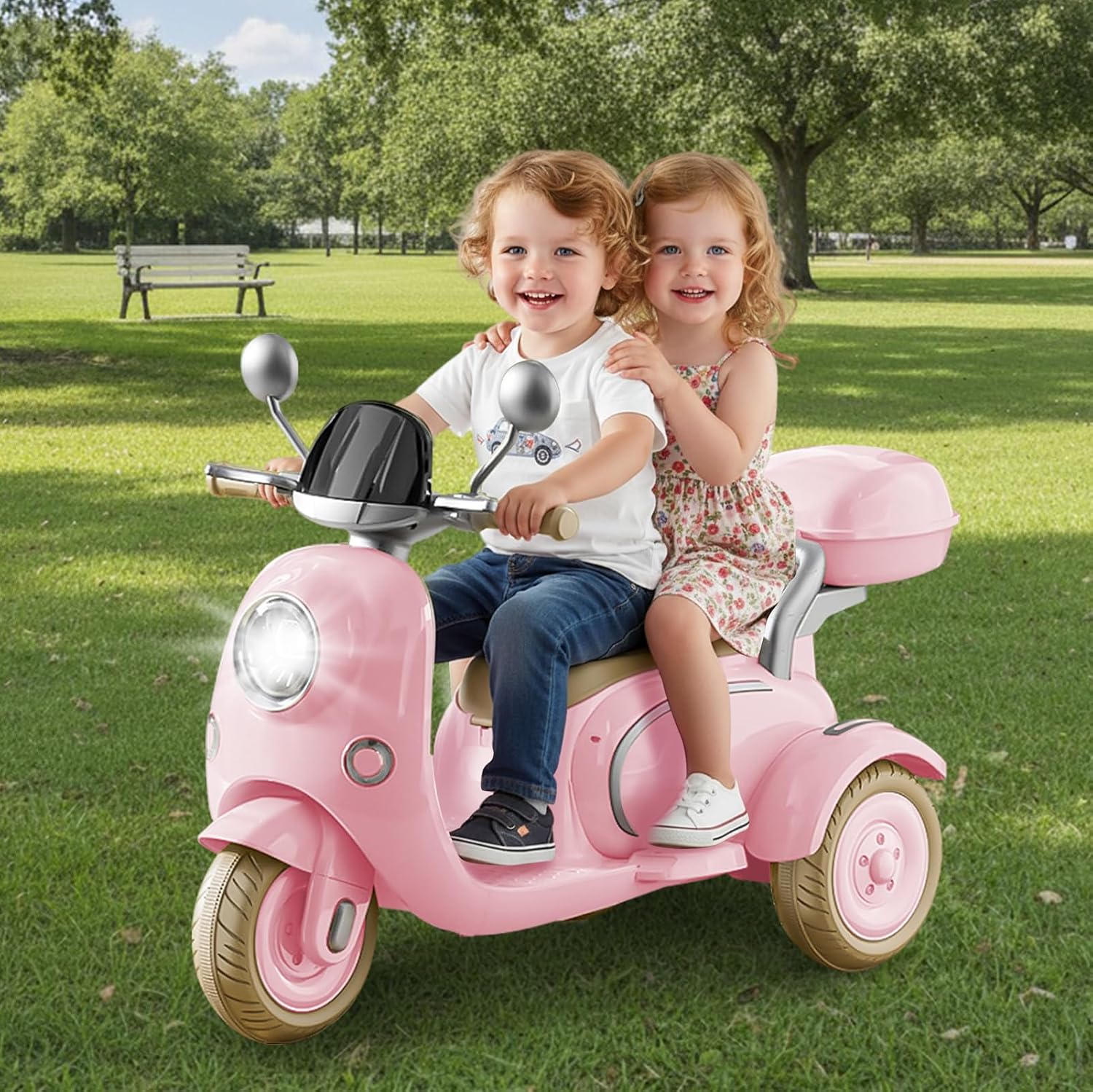 HEIMILI 12V 2-Seater Ride on Motorcycle for Kids, 3 Wheel Electric Motorbike with Dual 25W Motors, Toddler Moped Scooter with Bluetooth Music, Battery Powered Toy for Girls Boys 3-6 Years, Pink