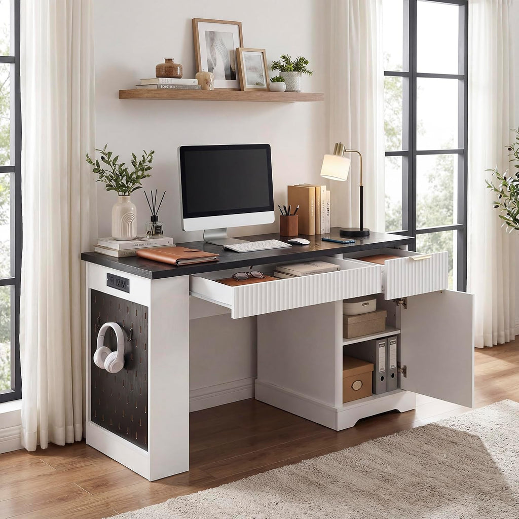 RiteSune 55' Office Desk with USB Charging, Fluted Computer Desk with Pegboard, Convertible Keyboard Tray & Adjustable Storage Cabinet, Modern Home Office Desk