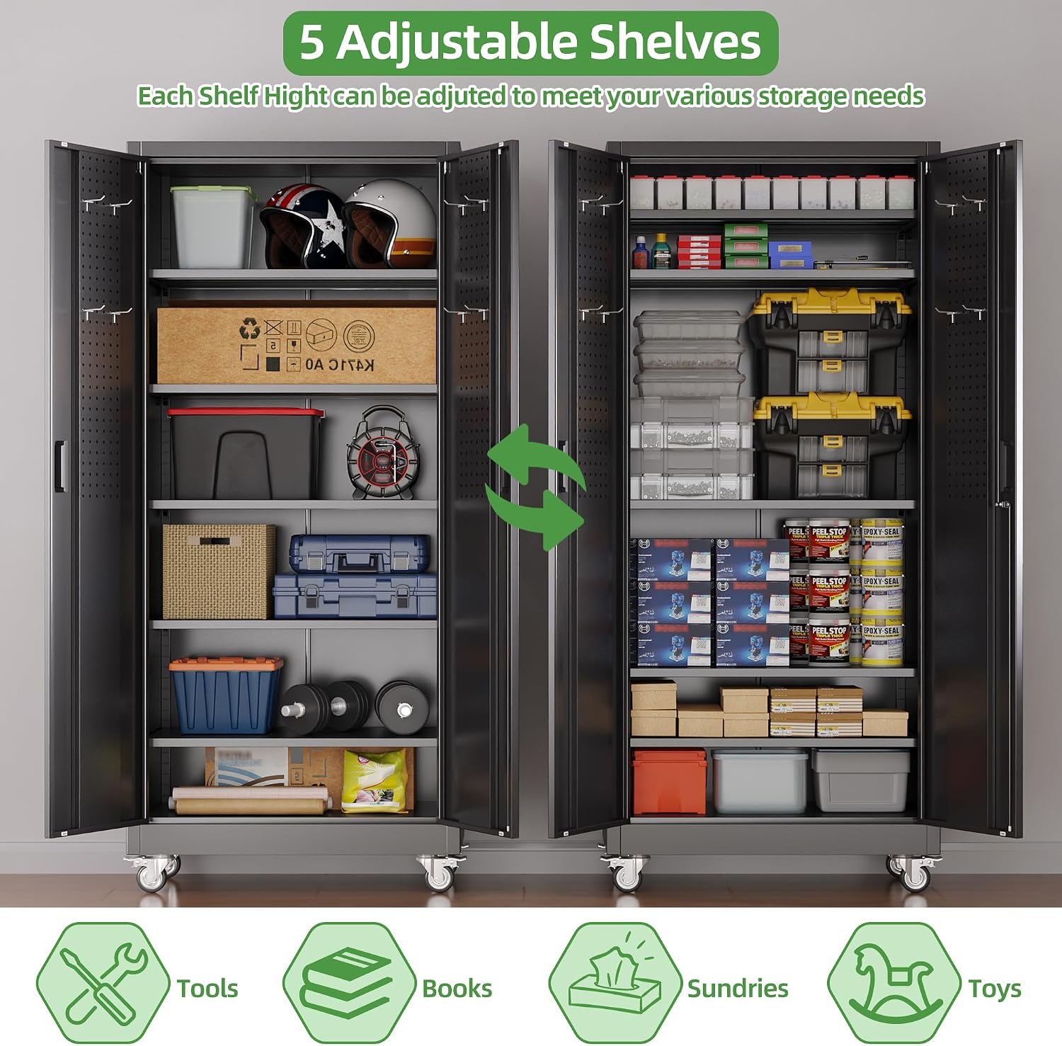 Reemoon 71' H Garage Storage Cabinets with 5 Adjustable Shelves and Door Pegboard,Metal Storage Cabinets with Wheels for Garage Home,Required Assembly,Black