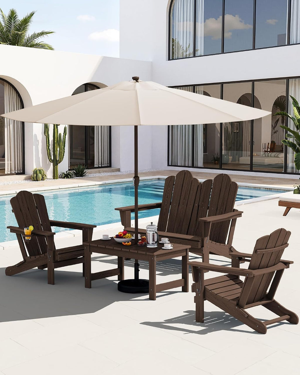 SERWALL 4 Pieces HDPE Patio Adirondack Chair Set, 2 Adirondack Chair with Cup Holder & 1 Adirondack Bench & 1 Coffee Table with Umbrella Hole, Coffee