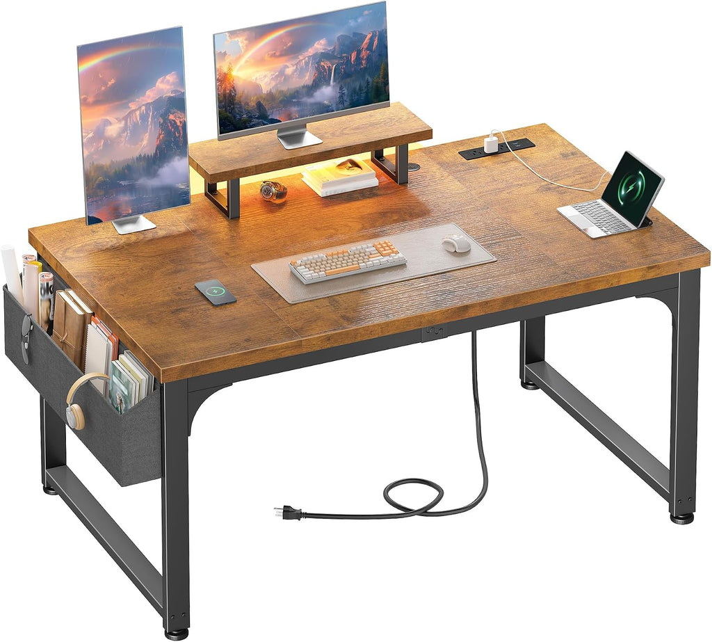 DurayLoly 47 Inch Small Computer Desk with Power Outlets & LED Lights, Storage Bag & Headphone Hook, Space-Saving Office Desk for Home Office or Study, Sturdy Writing Table for Professionals, Brown