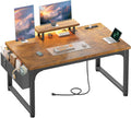 DurayLoly 47 Inch Small Computer Desk with Power Outlets & LED Lights, Storage Bag & Headphone Hook, Space-Saving Office Desk for Home Office or Study, Sturdy Writing Table for Professionals, Brown