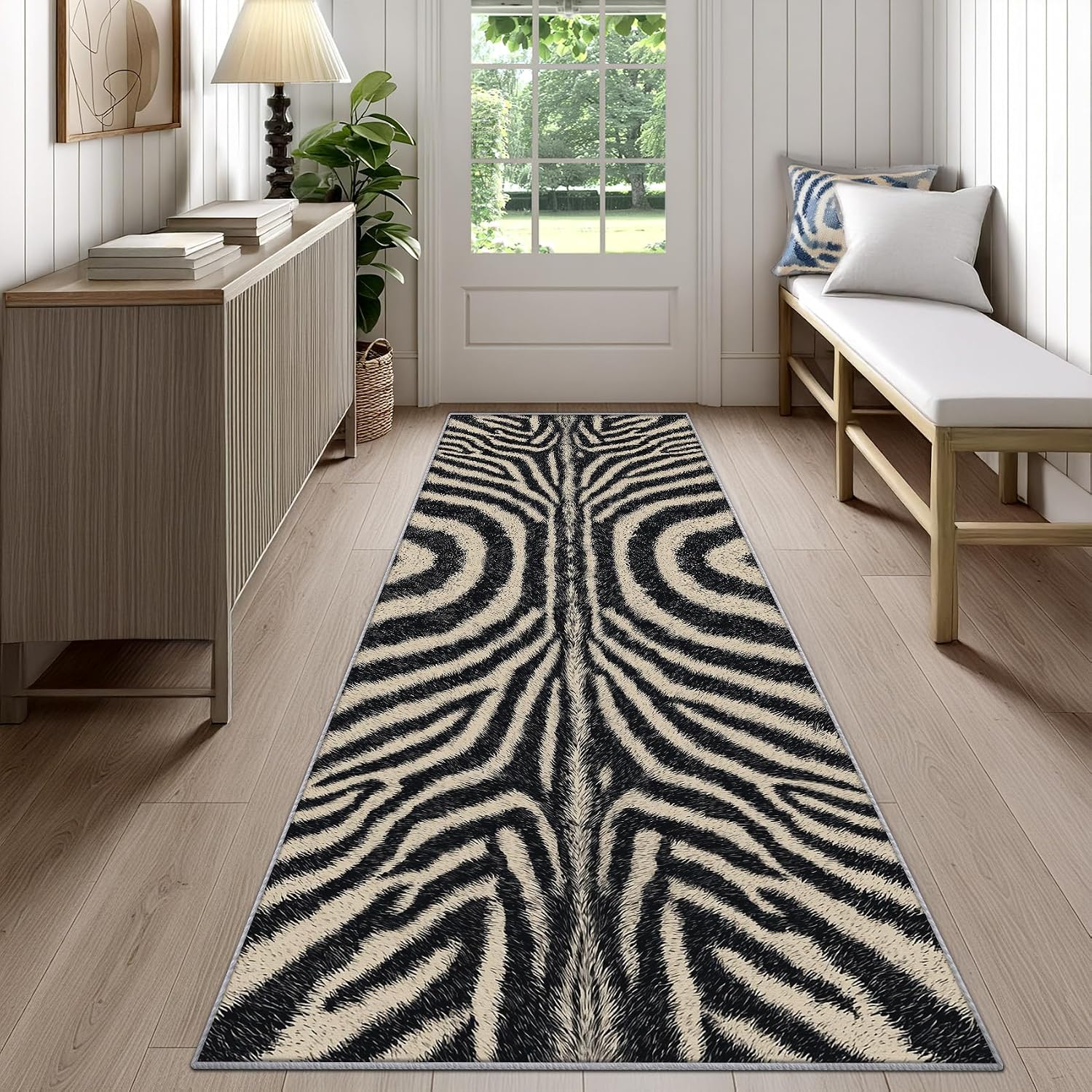 Zebra Print Rug Runner 4x10 - Washable Non Slip Runner Rug for Hallway - Zebra Skin Kitchen Rugs - Animal Print Wildlife Carpet Runners for Hallway, Laundry Room, Bedroom, Bathroom