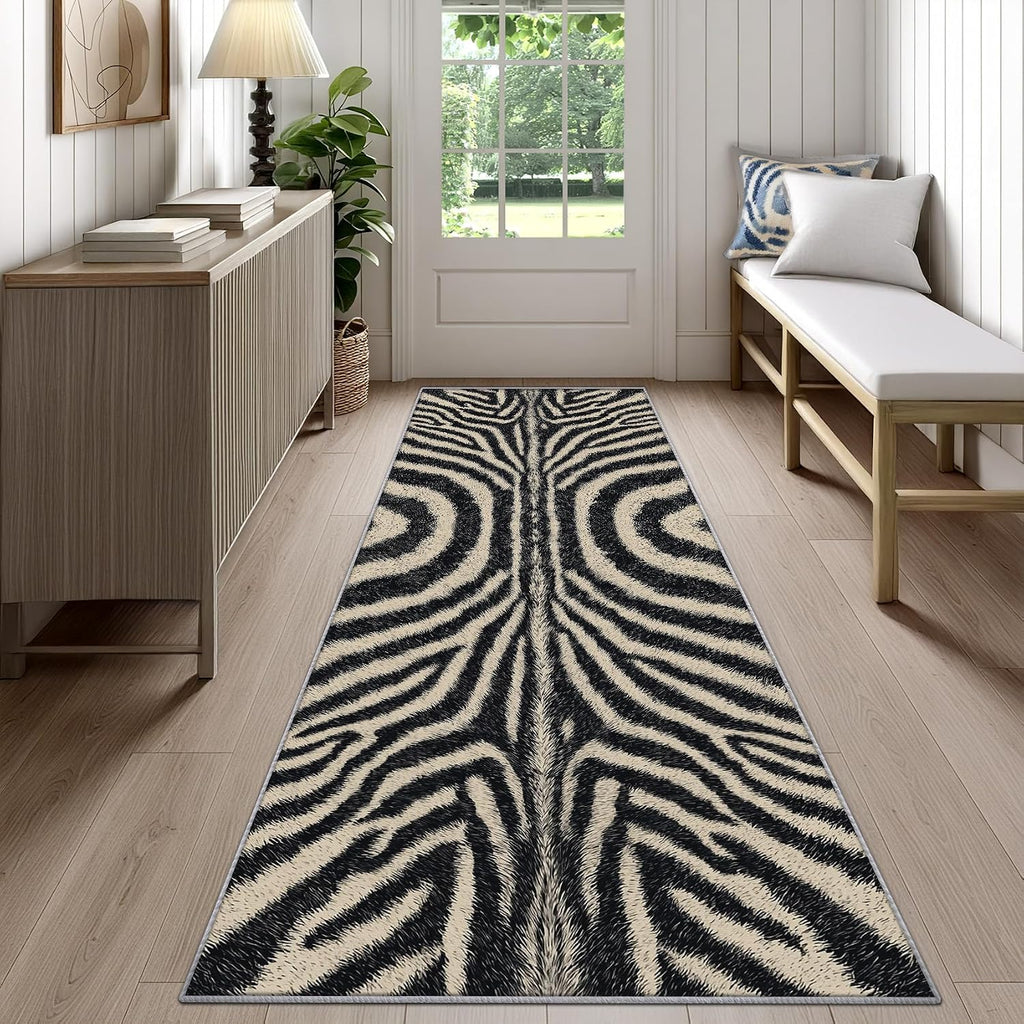 Zebra Print Rug Runner 3x12 - Washable Non Slip Runner Rug for Hallway - Zebra Skin Kitchen Rugs - Animal Print Wildlife Carpet Runners for Hallway, Laundry Room, Bedroom, Bathroom