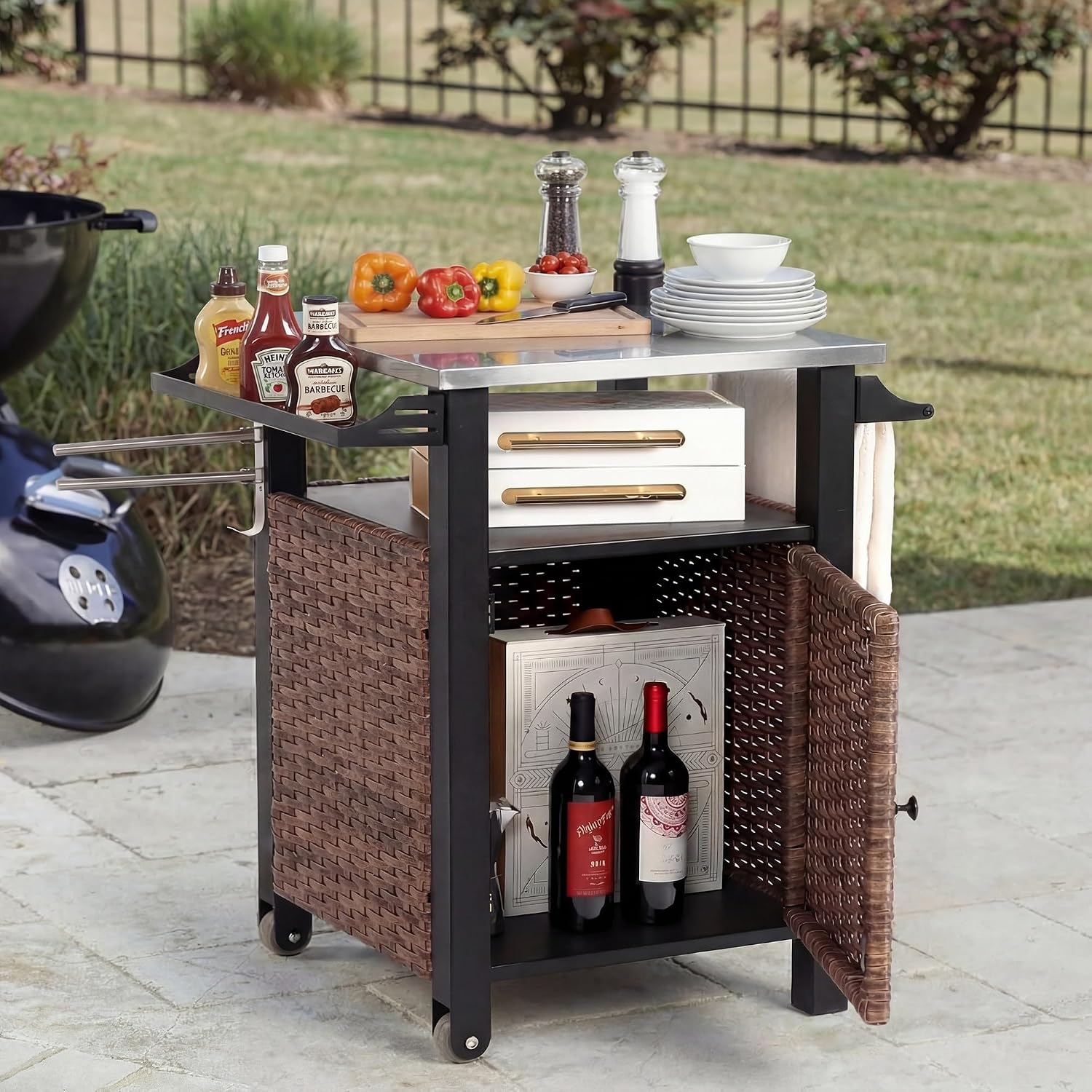 30' Grill Cart Outdoor with Wheels, Outdoor Prep Table with Wicker Storage and Rolling Wheels, Samll Kitchen Island Serving Cart with Stainless Steel Table Top for BBQ, Porch, Patio, Brown