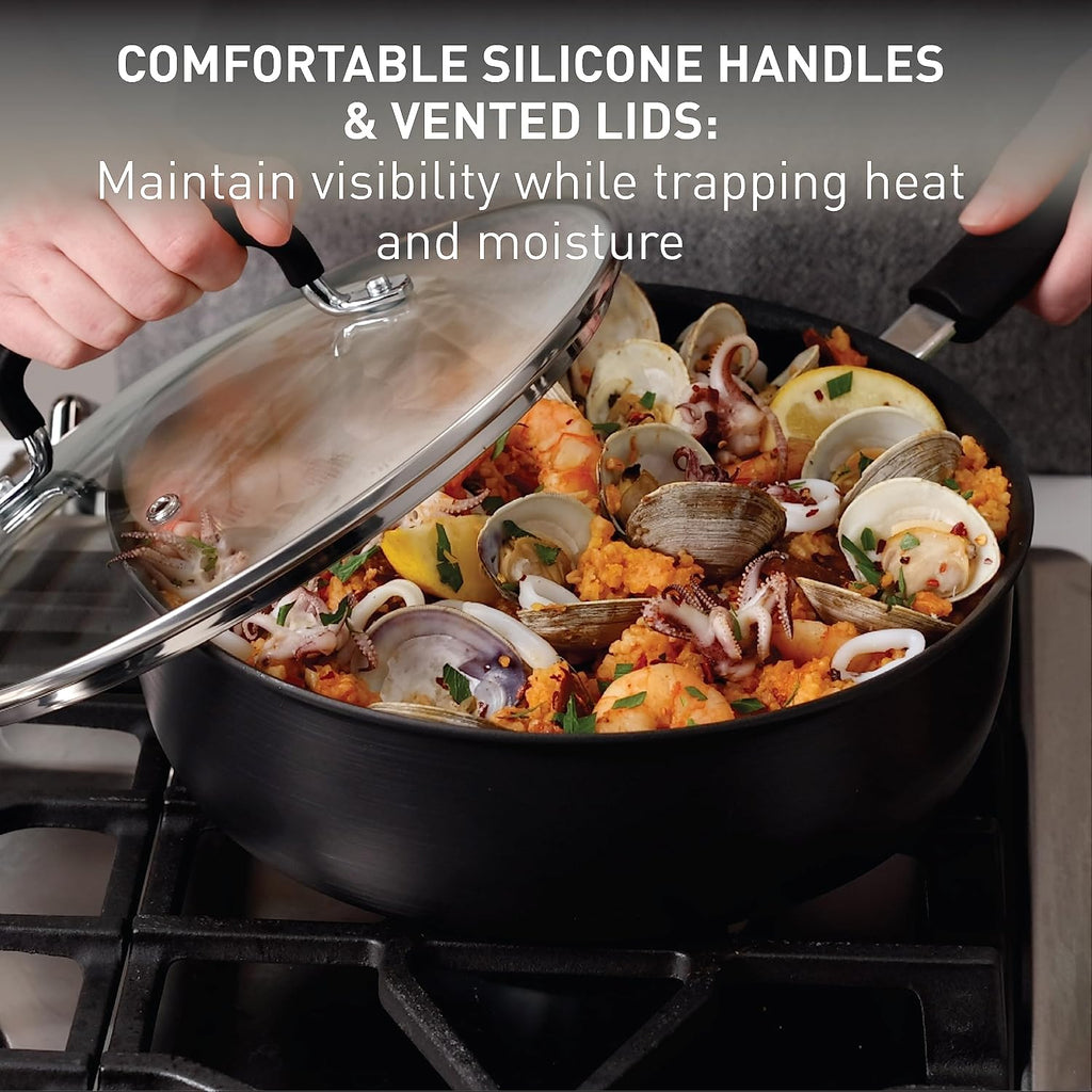 T-fal Ultimate Hard Anodized Nonstick Cookware Set 12 Piece, Oven Broiler Safe 400F, Lid Safe 350F, Kitchen Cooking Set w/Fry Pans, Saucepans, Dutch Oven, Pots and Pans, Dishwasher Safe, Onyx