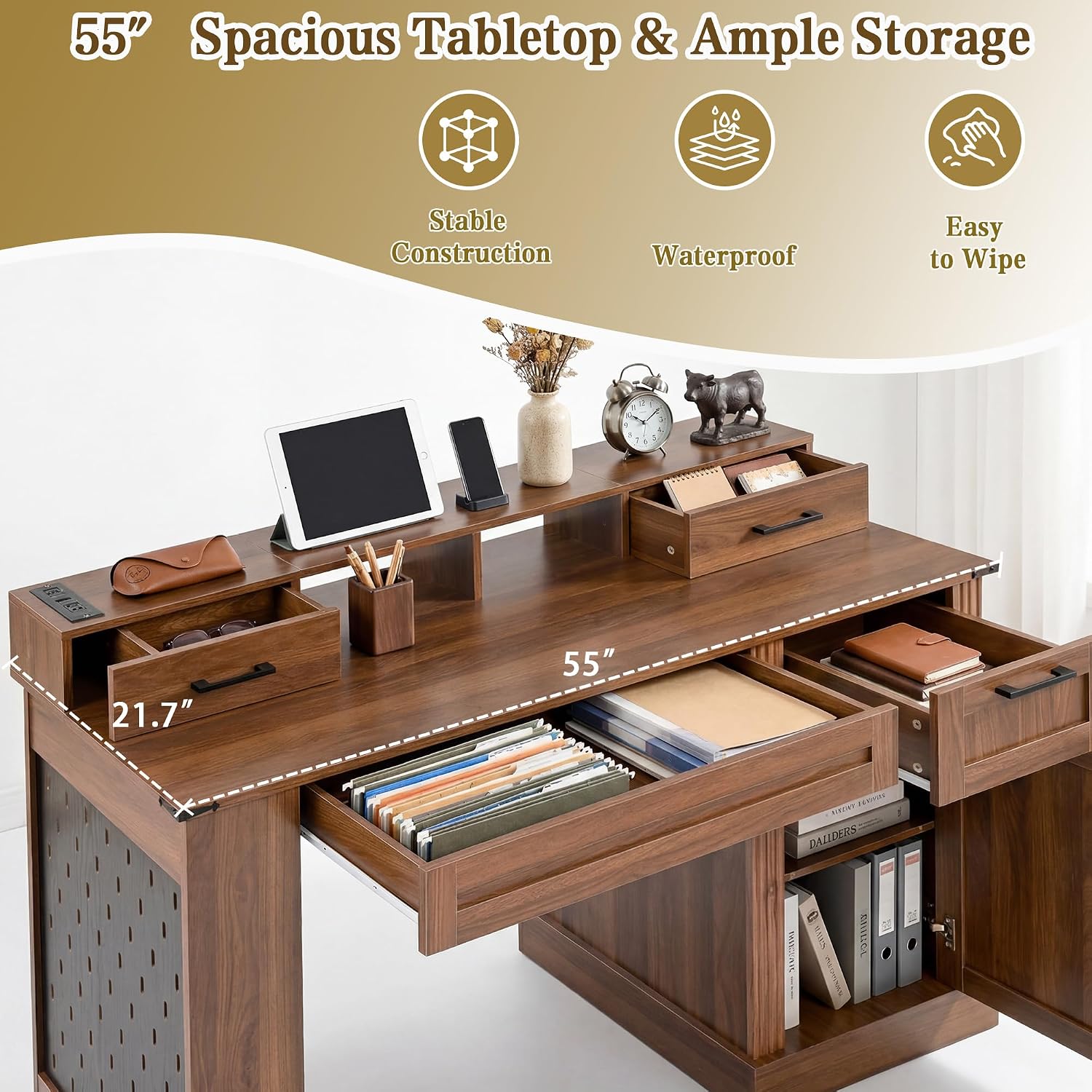 55' Farmhouse Office Desk with Storage Cabinet & Drawers, Computer Writing Desk with Power Outlet, Monitor Stand & Pegboard, Built-in Shelves and Keyboard Tray for Study, Home Office (Walnut)