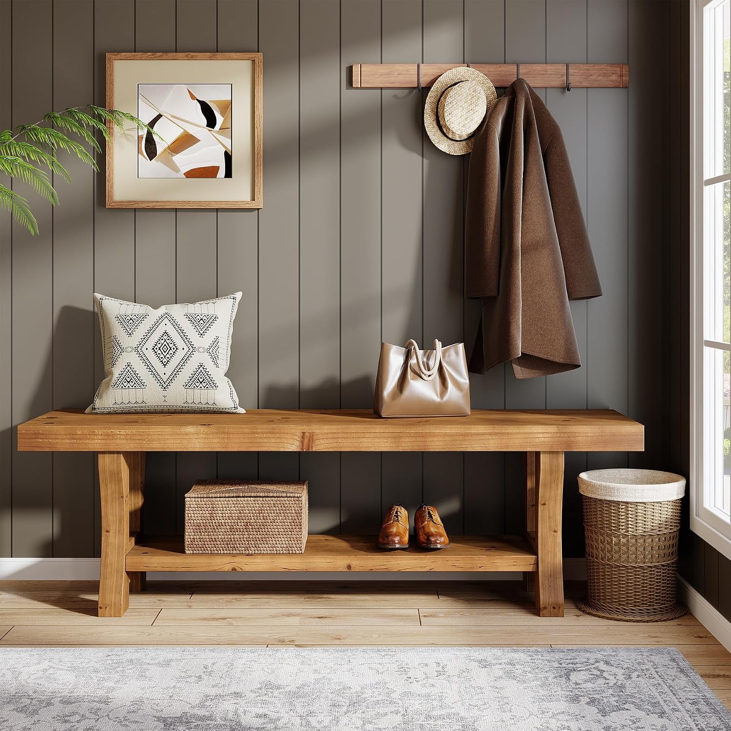 Solid Wood Entryway Bench, 55' End of Bed Bench, Long Indoor Dining Seat for Hallway, Bedroom, Living Room, Dining Room, Easy Assembly, Brown