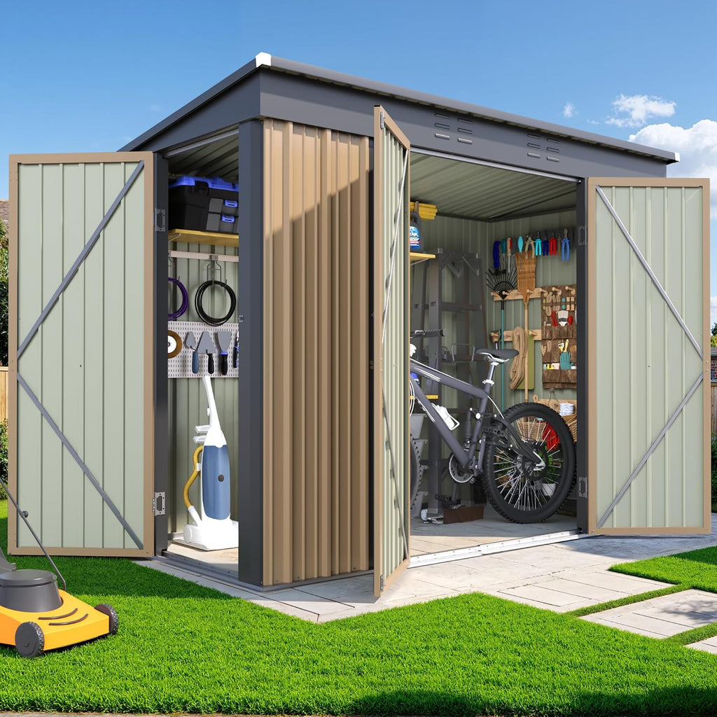 JUMMICO 8x4 FT Outdoor Storage Shed, Heavy Duty Tool Metal Sheds with 3 Lockable Doors and Updated Frame Structure for Backyard Patio Lawn, Brown