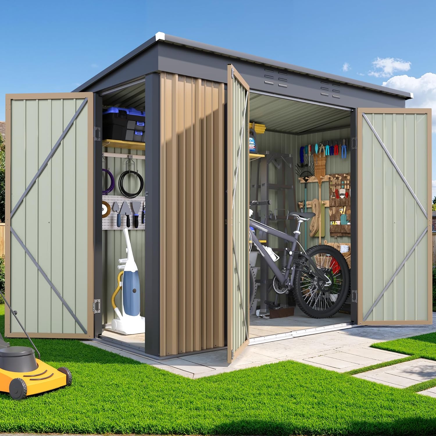 JUMMICO 8x4 FT Outdoor Storage Shed, Heavy Duty Tool Metal Sheds with 3 Lockable Doors and Updated Frame Structure for Backyard Patio Lawn, Brown