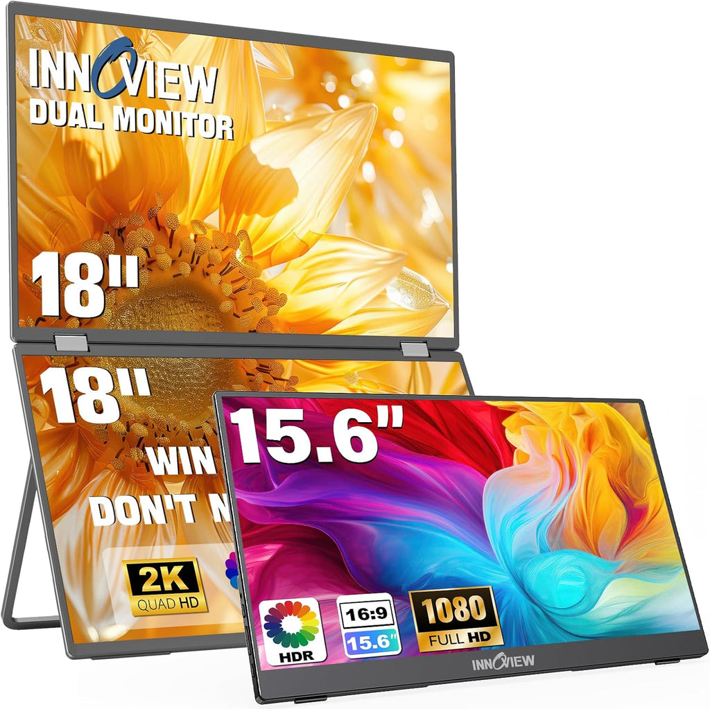 InnoView Dual-Screen Productivity Bundle: 15.6' FHD Portable Monitor w/ 90° Stand + 18' 2K 100Hz Foldable Dual Display｜Plug-and-Play for Mac/PS5/Switch