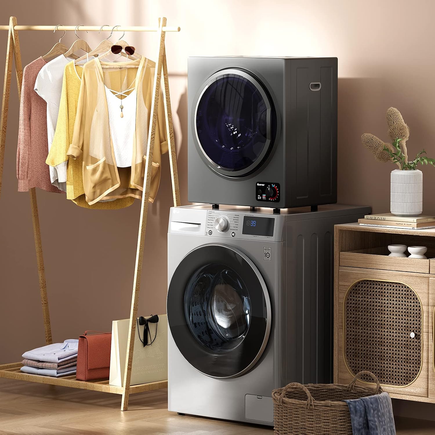 COSTWAY Compact Laundry Dryer, 110V Electric Portable Clothes Dryer with Stainless Steel Tub, Control Panel Downside Easy Control for 4 Automatic Drying Mode (Stainless Steel-Grey)
