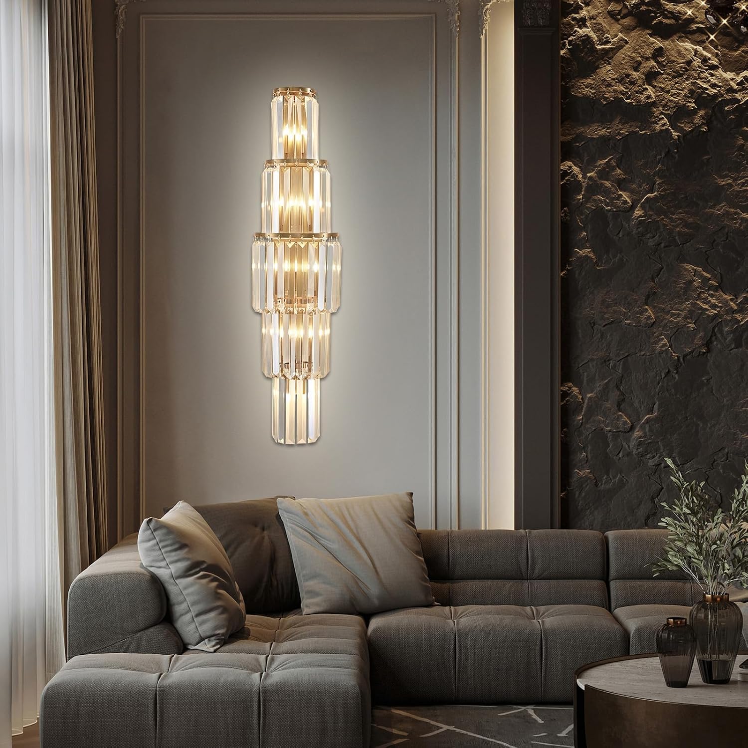 29.5 inch Modern Wall Sconce Contemporary Crystal Wall Sconce 5-Light Gold Bathroom Light Fixtures for Bedroom Hallway Living Room