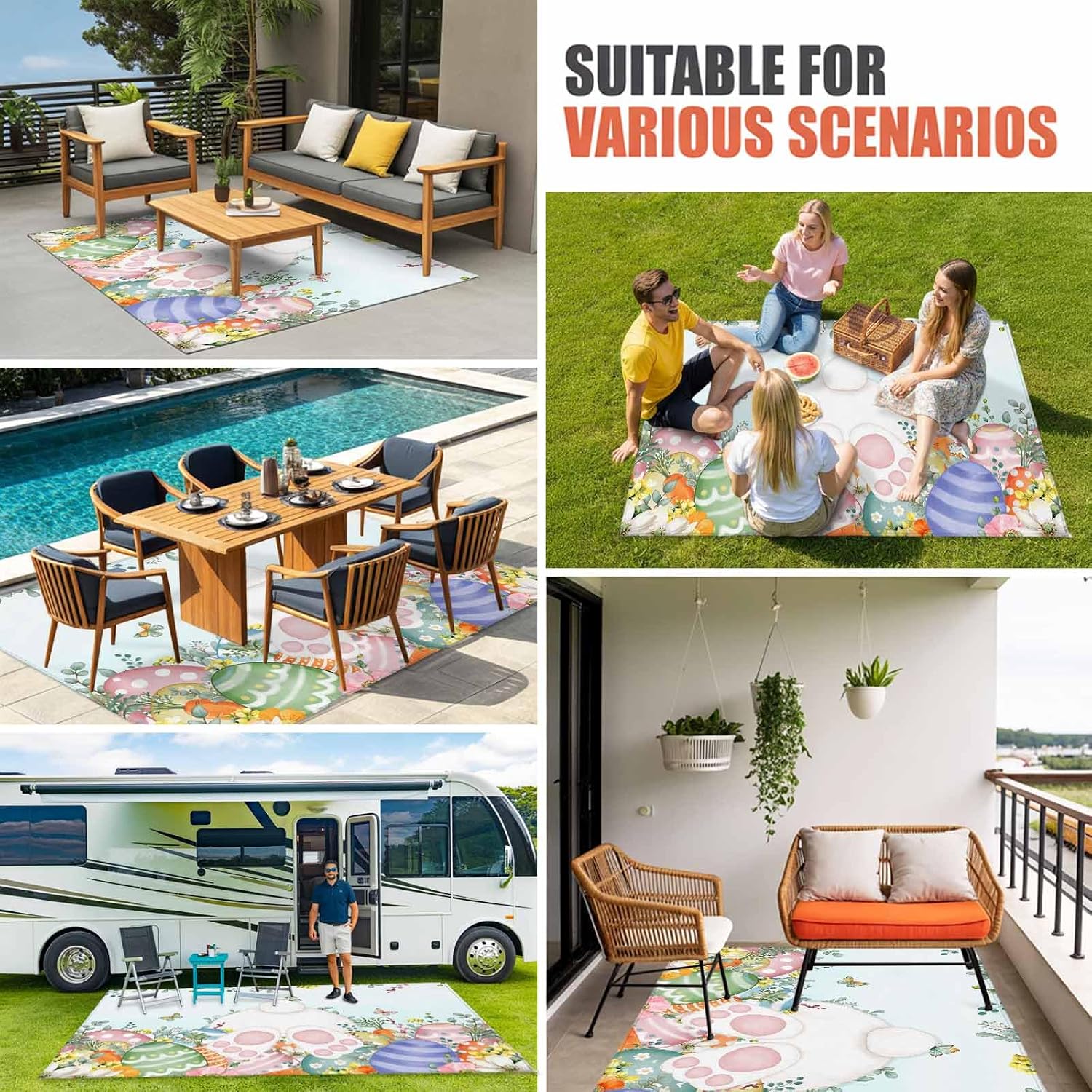 Cute Easter Bunny Outdoor Rug for Patio/Deck/Porch, Non-Slip Large Area Rug 6 x 9 Ft, Eucalyptus Leaves Colorful Eggs Teal Indoor Outdoor Rugs Washable Area Rugs, Reversible Camping Rug Carpet Runner