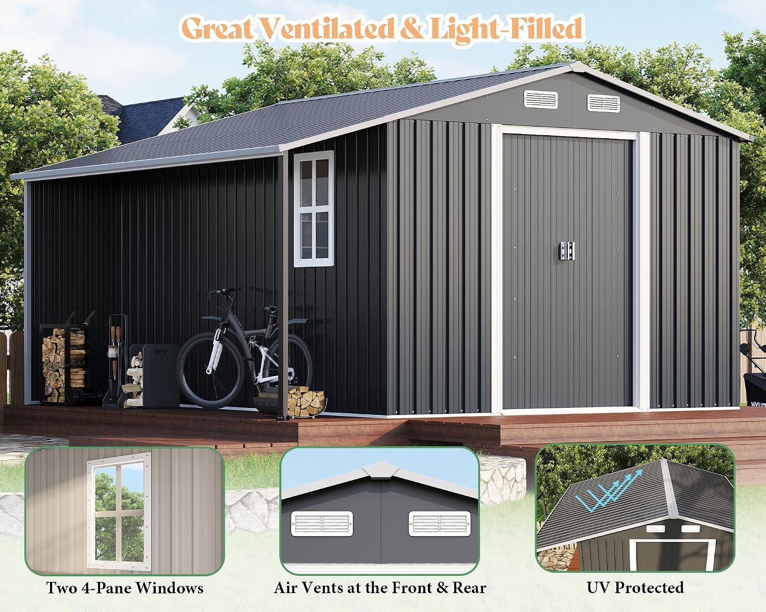AMERLIFE 10.6x10.3x6.3 FT Galvanized Metal Storage Shed with Open Firewood Storage, Sliding Doors & Ramp, 2 Ventilated Windows, Weather-Resistant Outdoor Tool & Garden Shed, Dark Gray