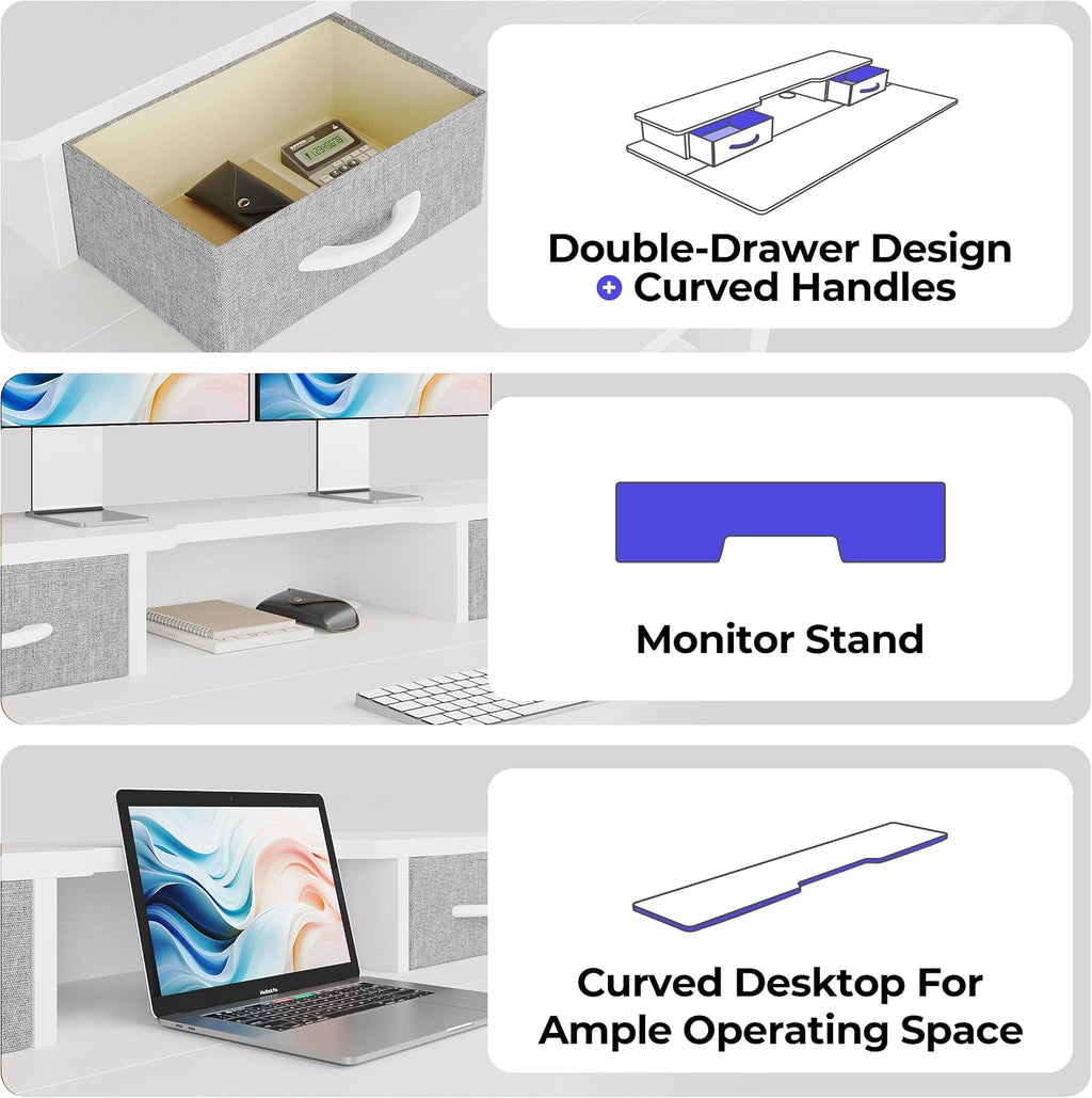 JOISCOPE 55 Inch Electric Standing Adjustable Height Desk with USB & Type-C Outlet, Home Office Computer Gaming Desk with Display Riser and Double Drawer, Sit Stand Desk, White