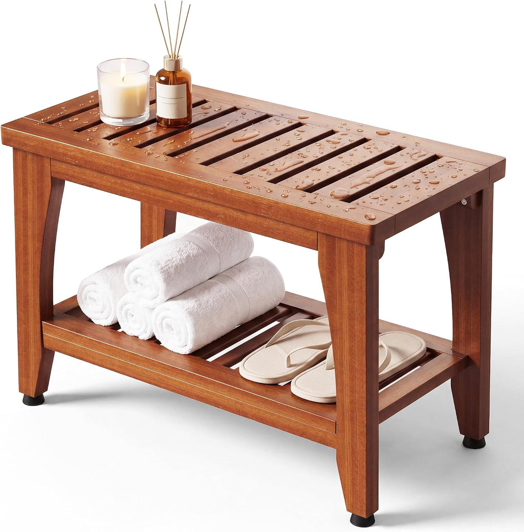24' Premium Solid Teak Shower Bench with Storage Shelf - 400 lbs Capacity, Waterproof & Non-Slip Seat for Bathroom, Poolside, Spa