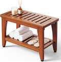 24' Premium Solid Teak Shower Bench with Storage Shelf - 400 lbs Capacity, Waterproof & Non-Slip Seat for Bathroom, Poolside, Spa