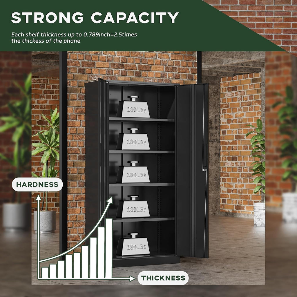 Greenvelly Metal Garage Storage Cabinet, 72' Locking Black Tool Steel Cabinet with Doors and 4 Shelves, Tall Metal Cabinets with Garage Storage Systems for Home Office, Kitchen/Pantry