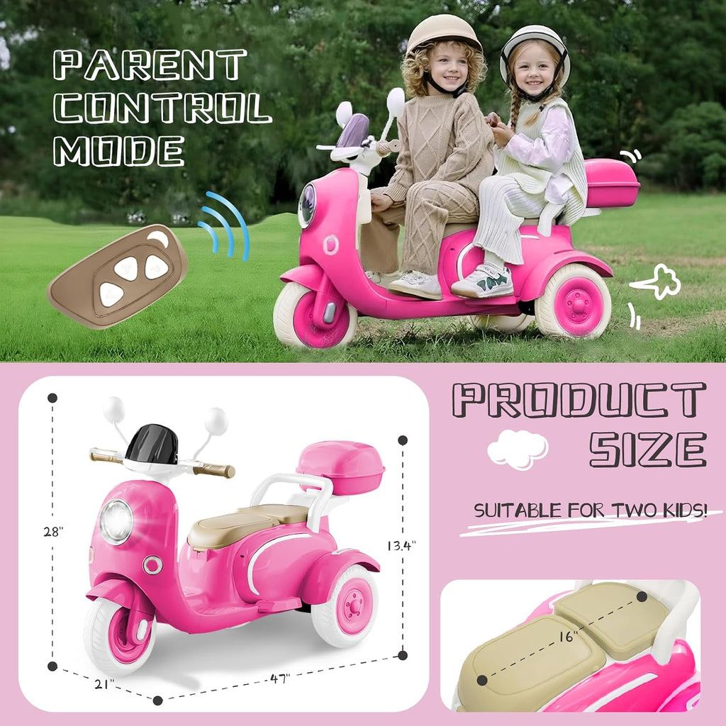 HEIMILI 12V 2-Seater Ride on Motorcycle for Kids, 3 Wheel Electric Motorbike with Dual 25W Motors, Toddler Moped Scooter with Bluetooth Music, Battery Powered Toy for Girls Boys 3-6 Years, Rose