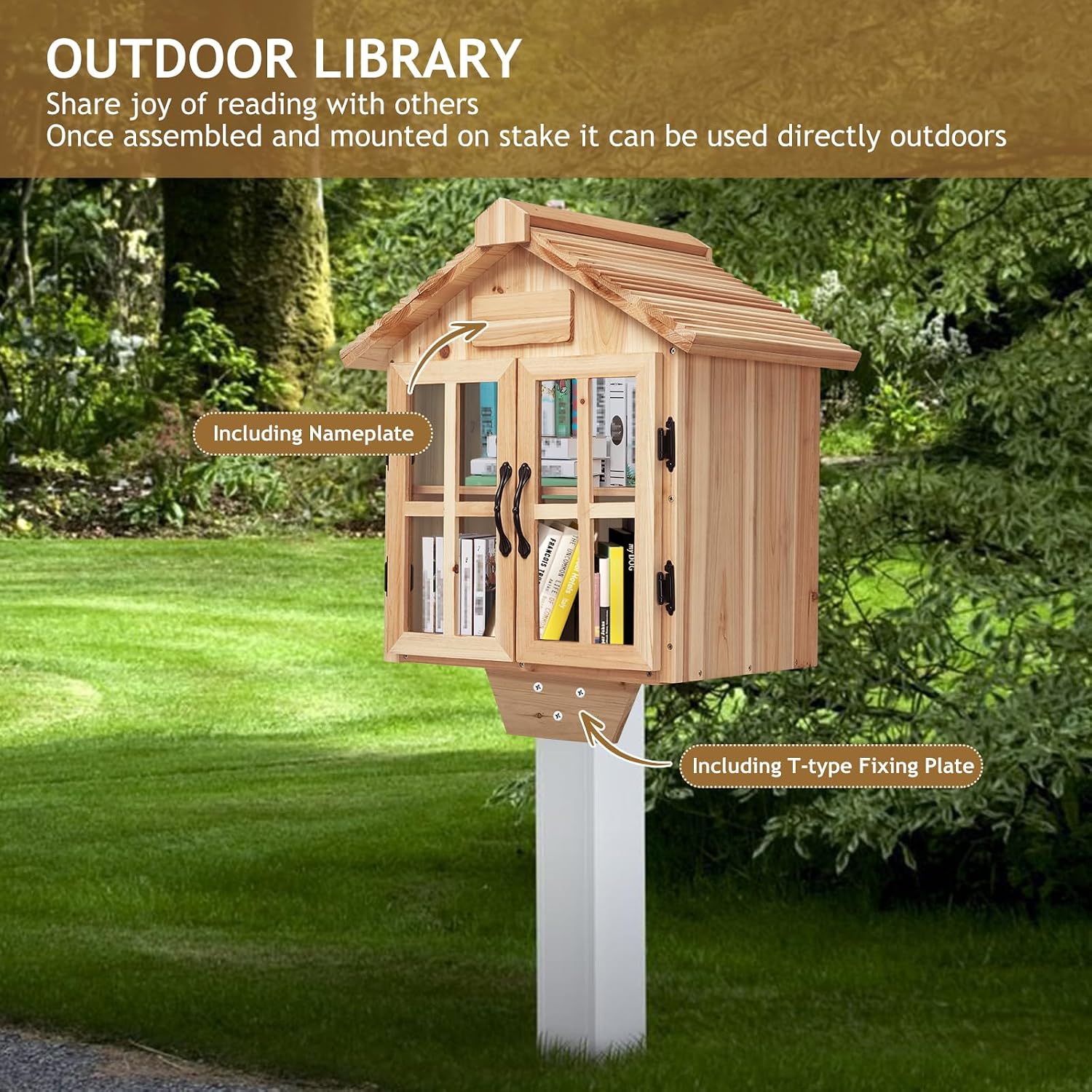 Little Library Box Outdoor Free Library Kit, Updated Double Doors Literature Little Library Box, Wood Cabinet Book Storage for DIY Nameplate, Neighborhoods, Community, Schools Sharing Books