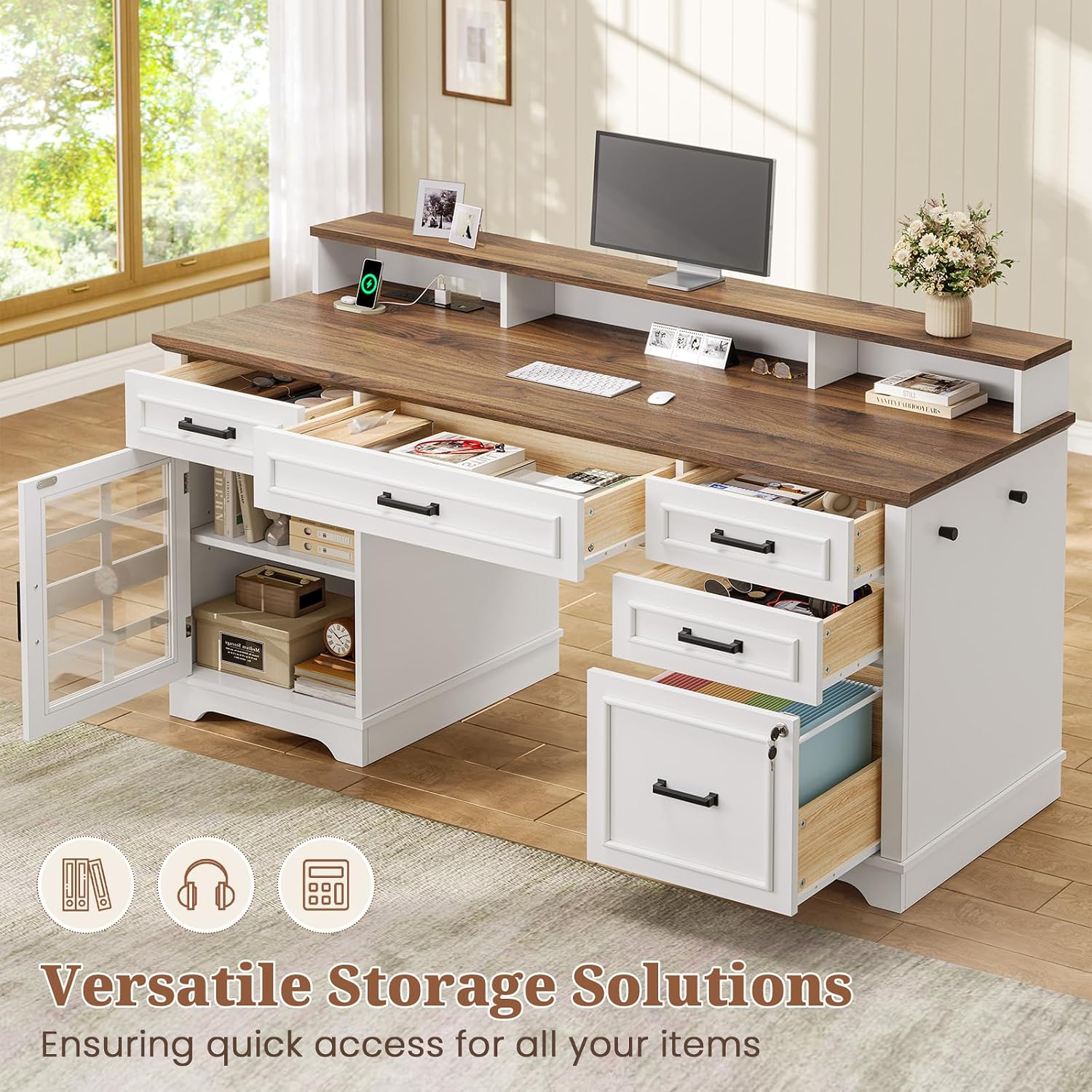 UPOSOJA 60'' Farmhouse Executive Desk with Drawers, Home Office Desk with Power Outlet & LED Light, Wood Computer Desk with Monitor Stand, Locking File Drawer, Glass Storage Cabinet, Hooks, White