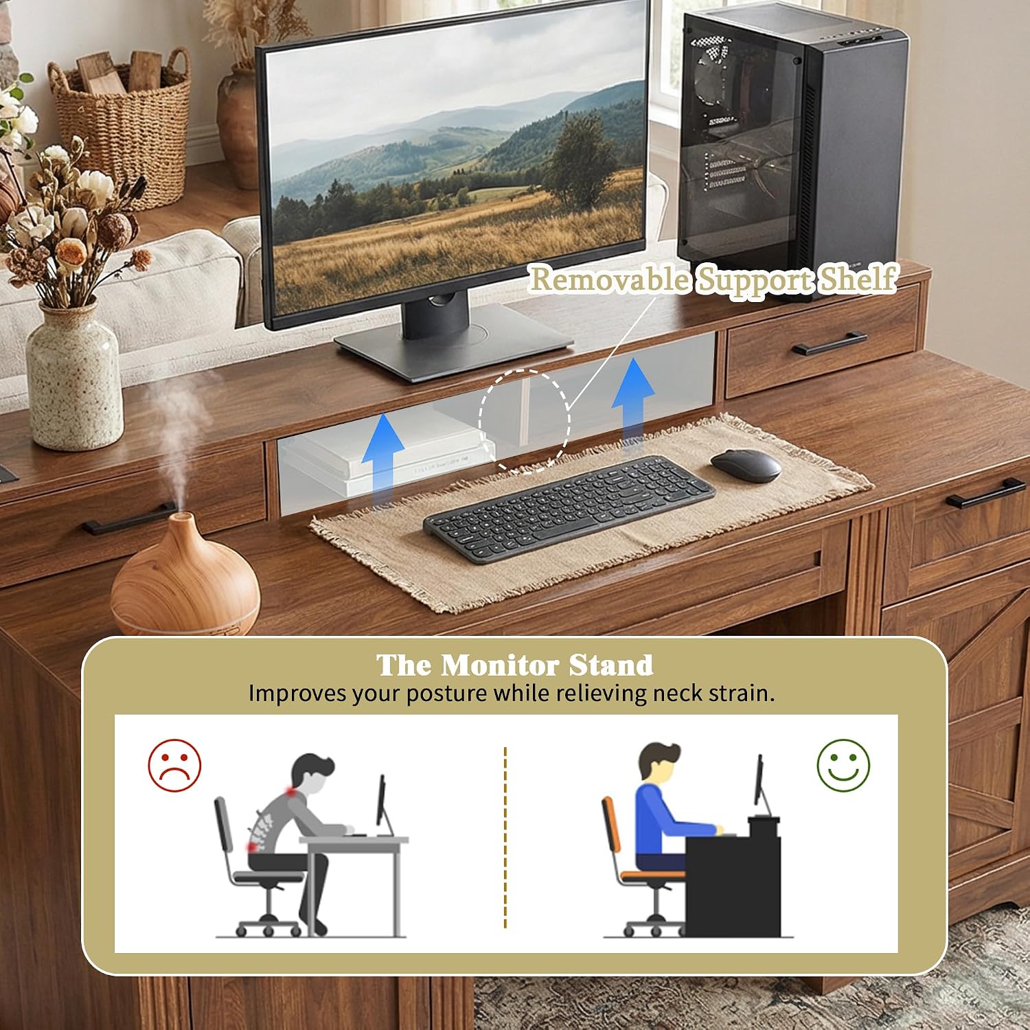 RiteSune 59.5' Farmhouse Computer Desk with USB Charging Station, Fixed Monitor Stand with Drawers, Keyboard Tray & File Cabinet, Home Office Writing Desk with Large Storage