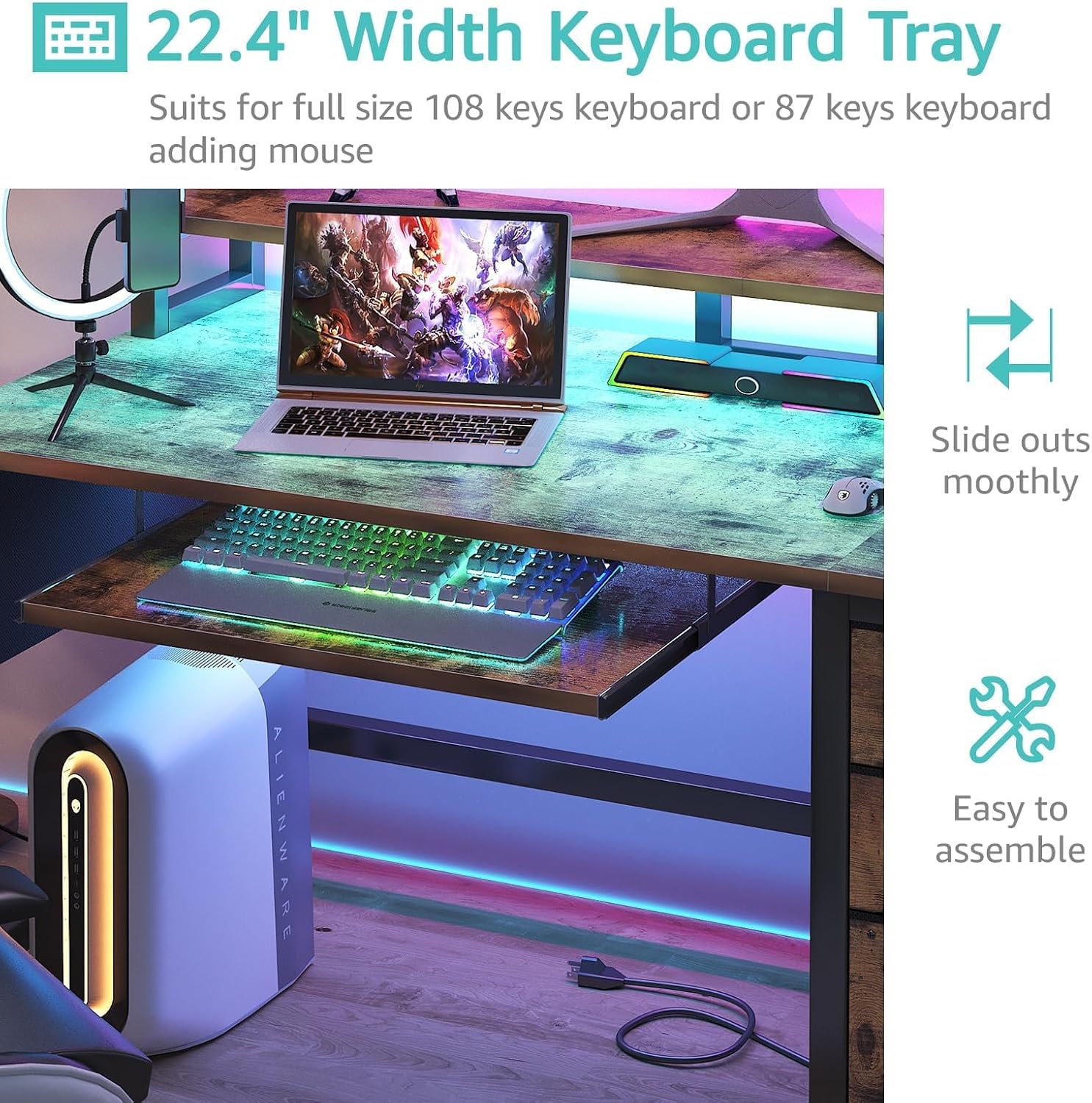 Lufeiya Gaming Desk with LED Lights and Power Outlets, 47 Inch Home Office Desks with Keyboard Tray, Computer Desk with File Drawers Cabinet, Writing Table PC Desks with Monitor Stand, Rustic Brown