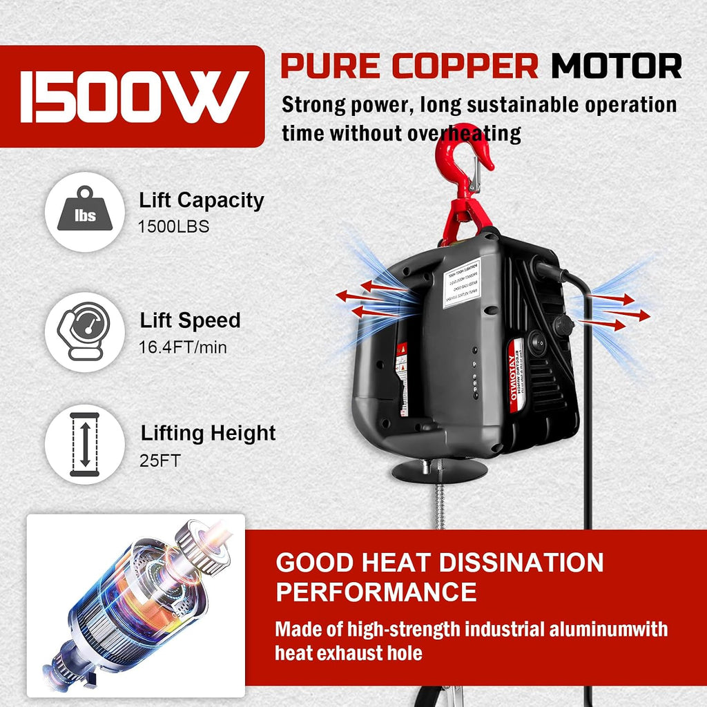 1500 Lbs Electric Hoist Winch,3 in 1 Portable Electric Winch,Manual,Wired and Wireless Remote Control,Electric Hoist 110 Volt with 25ft Lifting Height for Factories, Warehouses, Garages