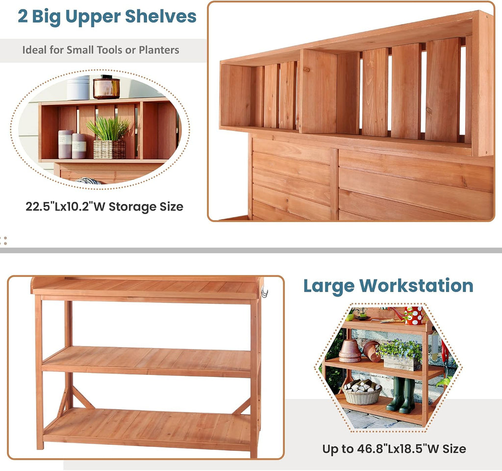 Outdoor Potting Bench Table with Storage Shelves, Farmhouse Wood Garden Wook Station Table with Side Hooks,Potting Tables for Outside, Patio, Backyard, Easy Assembly, Natural