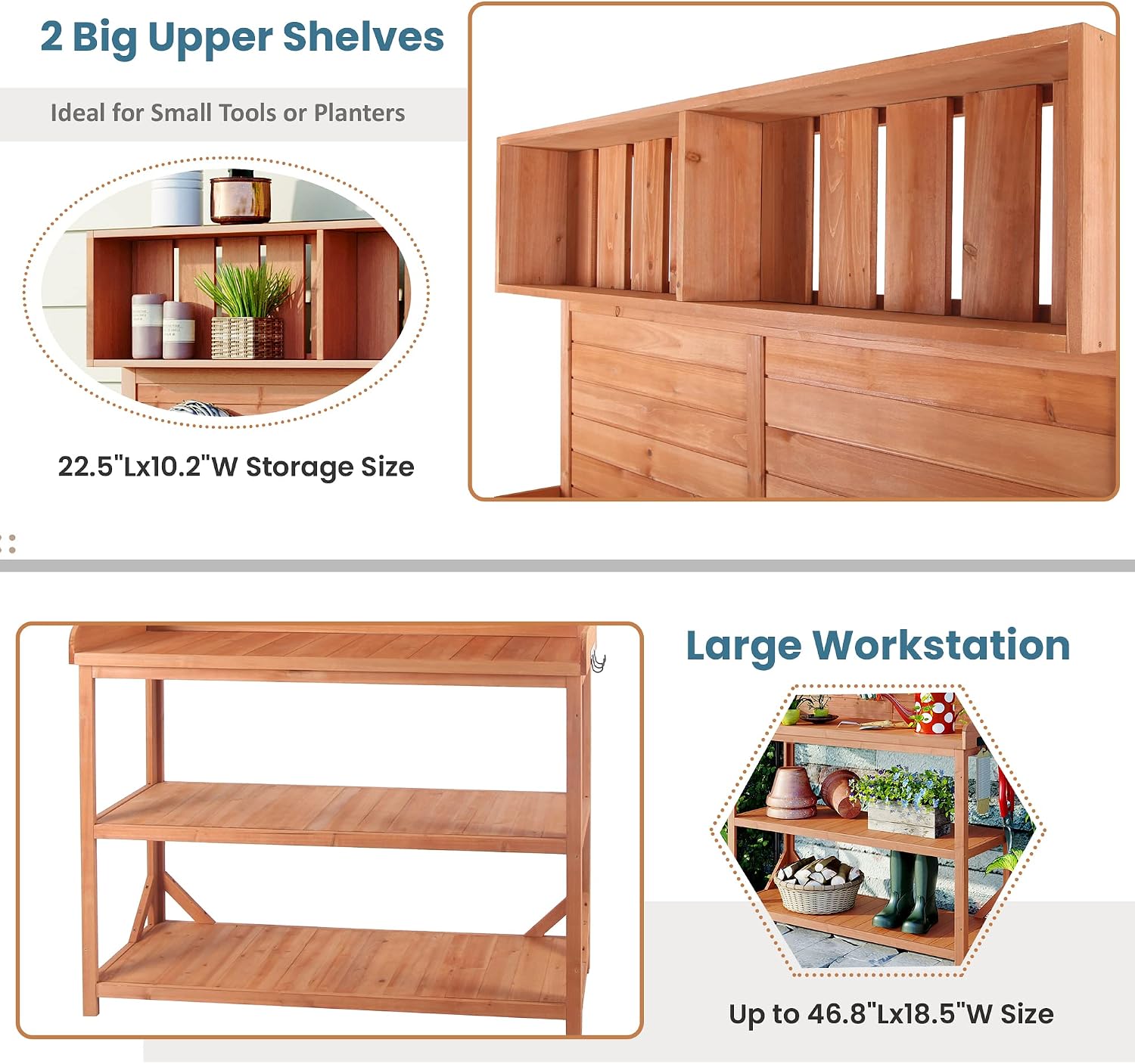 Outdoor Potting Bench Table with Storage Shelves, Farmhouse Wood Garden Wook Station Table with Side Hooks,Potting Tables for Outside, Patio, Backyard, Easy Assembly, Natural