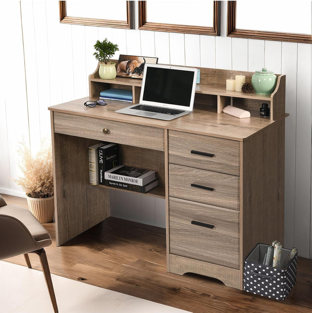 Catrimown Computer Desk with 4 Drawers and Hutch, Wood Executive Desks with File Drawer and Shelves, Small Desk Study Table for Bedroom, Student Teen Writing Laptop Table, Grey