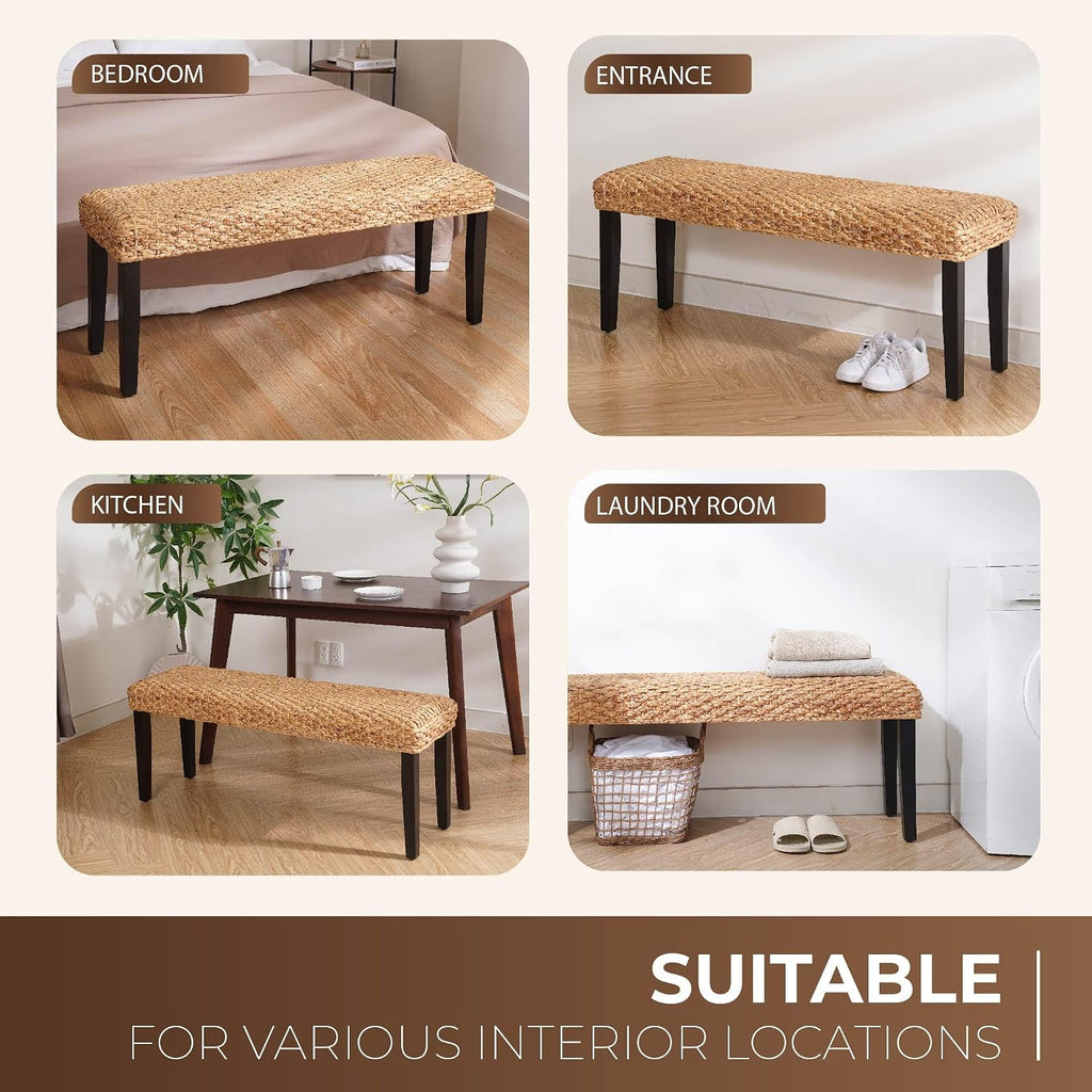 Solid Wood Acacia Indoor Bench with Natural Woven Seat, Boho Bench Entryway, Wood Bench for Living Room, Wooden Bench for Bedroom, Farmhouse Entryway Bench, Dining Benches (Black, Water Hyacinth)