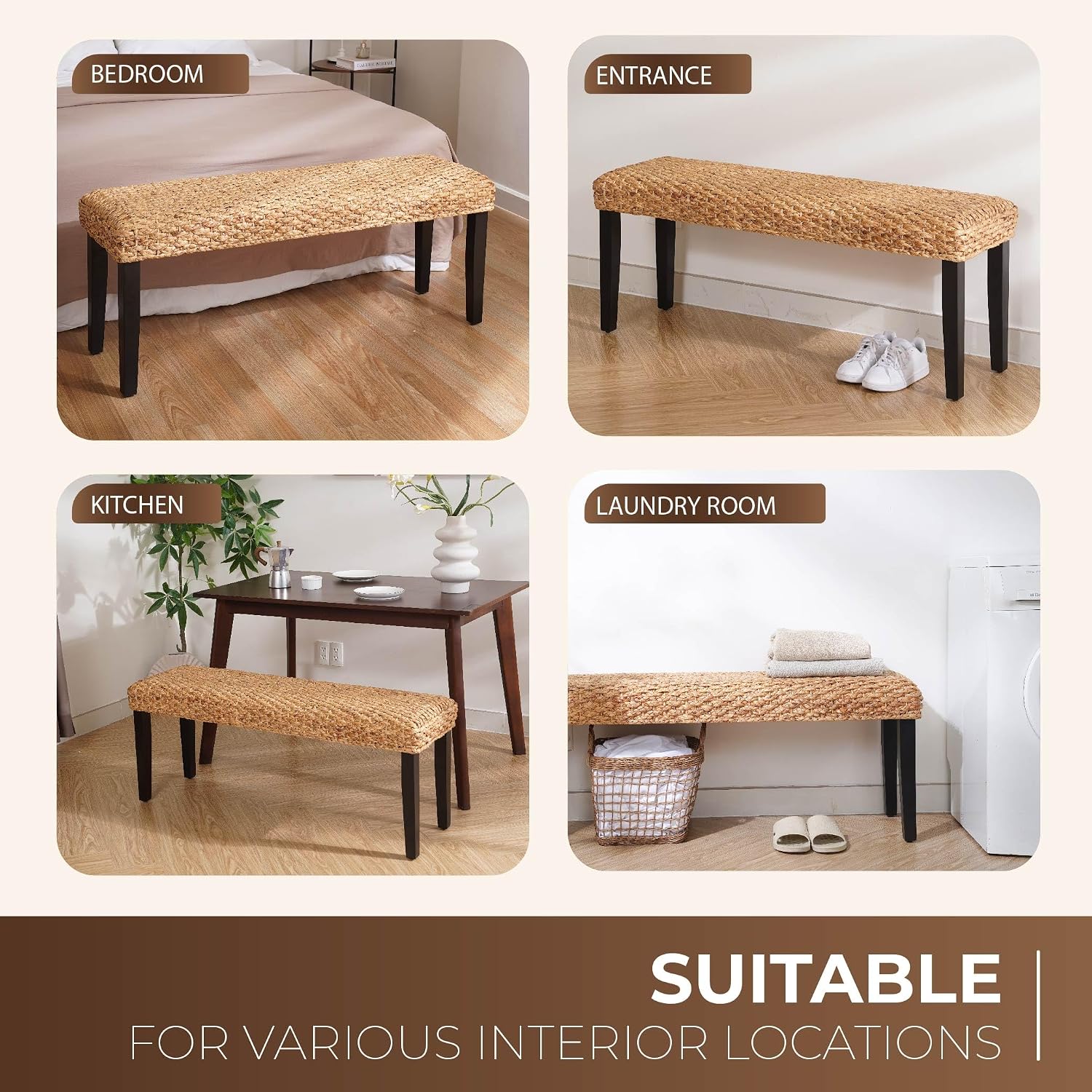 Solid Wood Acacia Indoor Bench with Natural Woven Seat, Boho Bench Entryway, Wood Bench for Living Room, Wooden Bench for Bedroom, Farmhouse Entryway Bench, Dining Benches (Black, Water Hyacinth)