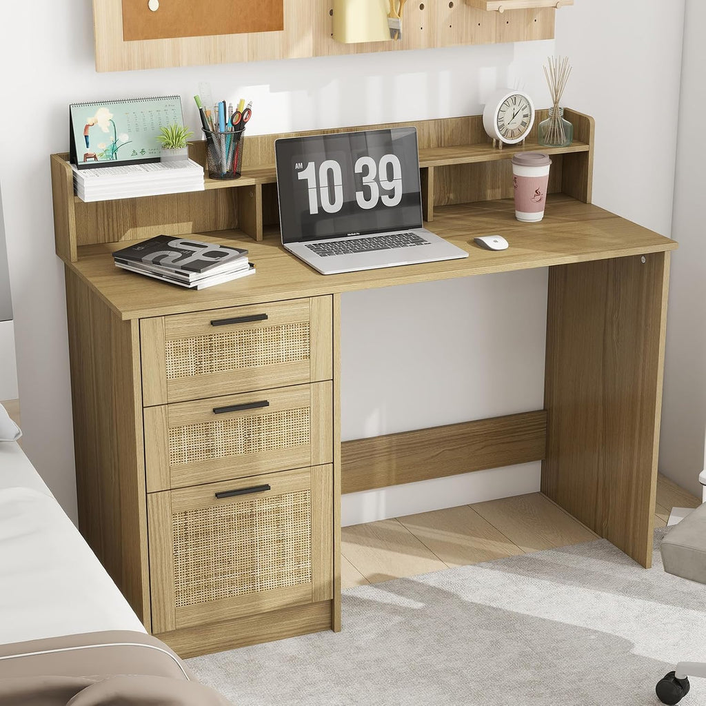 FUNKOCO Computer Desk with Rattan Drawers and Hutch - 47 Inch Home Office Boho Writing Desk with Storage File Drawer & Monitor Stand, Modern Wood Computer Table