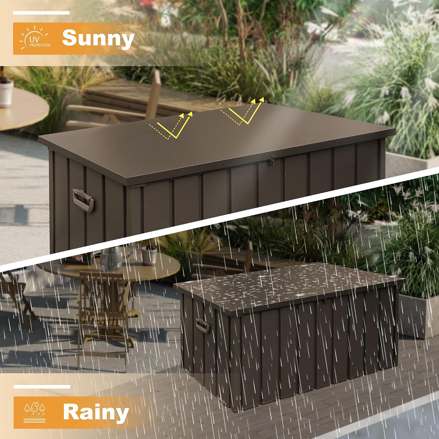 Domi 100 Gallon Deck Box, Outdoor Metal Lockable Storage Cabinet, Waterproof Steel Outdoor Bench with Lockable Lid, Side Handles & Rolling Casters for Outside Cushions, Pillows, Garden Tools, Brown