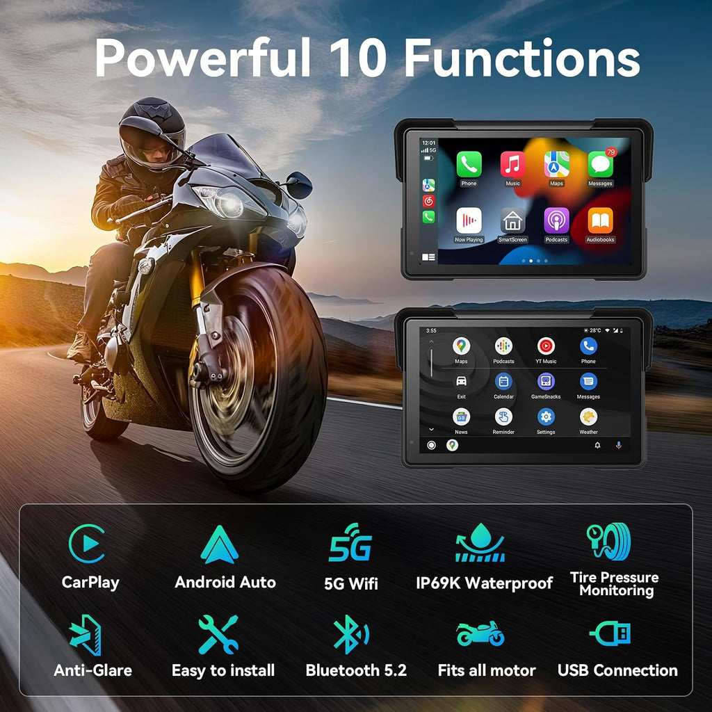 Wireless Motorcycle Apple Carplay,7 Inch Portable Motor GPS Navigation with Apple Carplay & Android Auto,Siri & Google Assistant, Anti-Glare/Bluetooth 5.2/TMPS/Voice Control/ IP69K Waterproof
